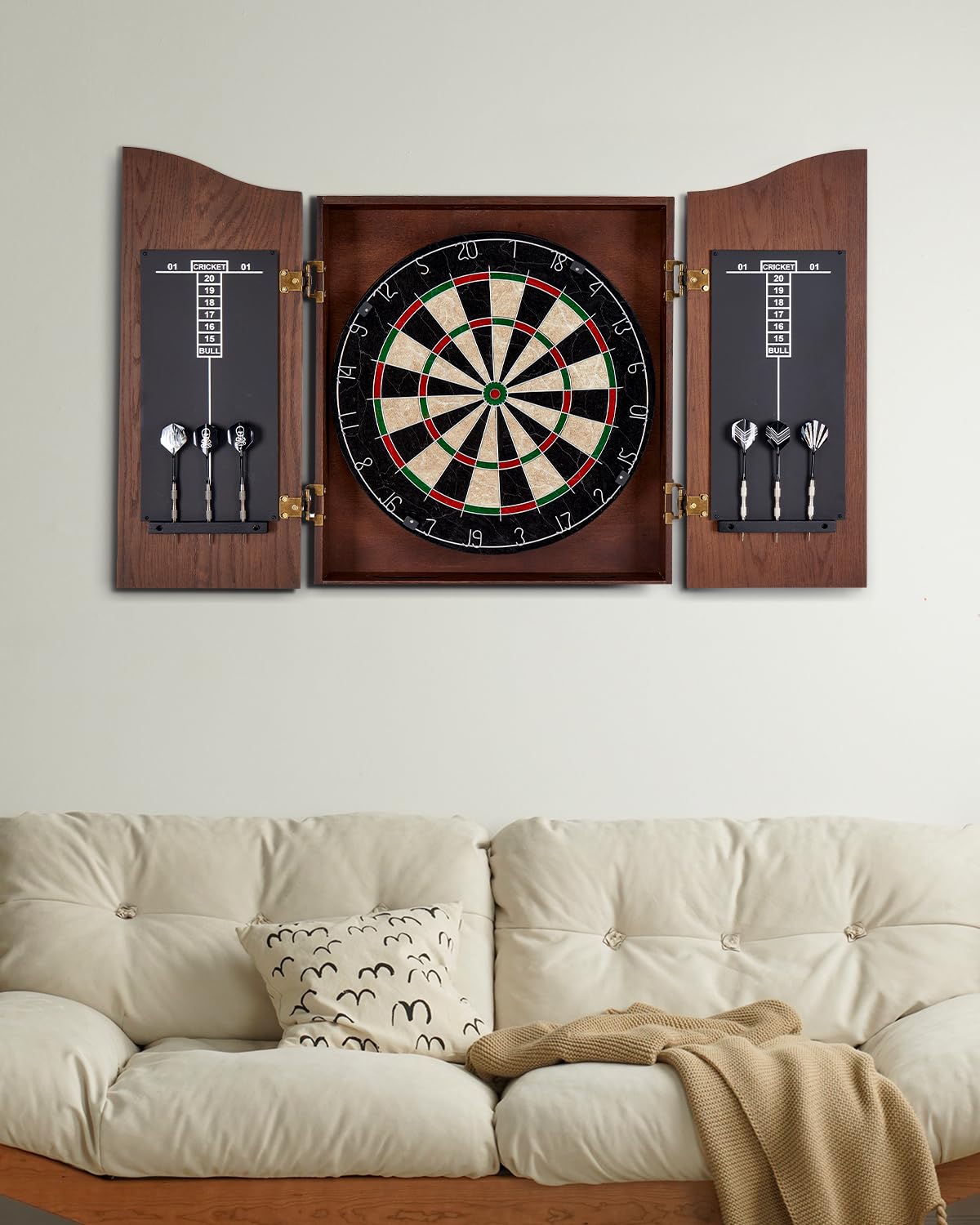 Dartscheibe Steeldart, Dekoratives Sisal Dartscheibe Schrank-Set [12* Steeldart], Profi Steel Dart Scheibe mit Türen- Holzschranktüren mit Integrierter Anzeigetafel [Coffee]