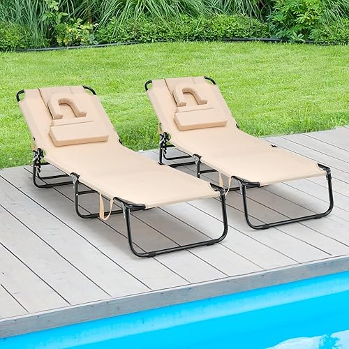 Miniatura 2 de Tangkula Sillón de playa, reclinable plegable para tomar el sol con agujero frontal, silla de bronceado boca abajo con respaldo ajustable de 5