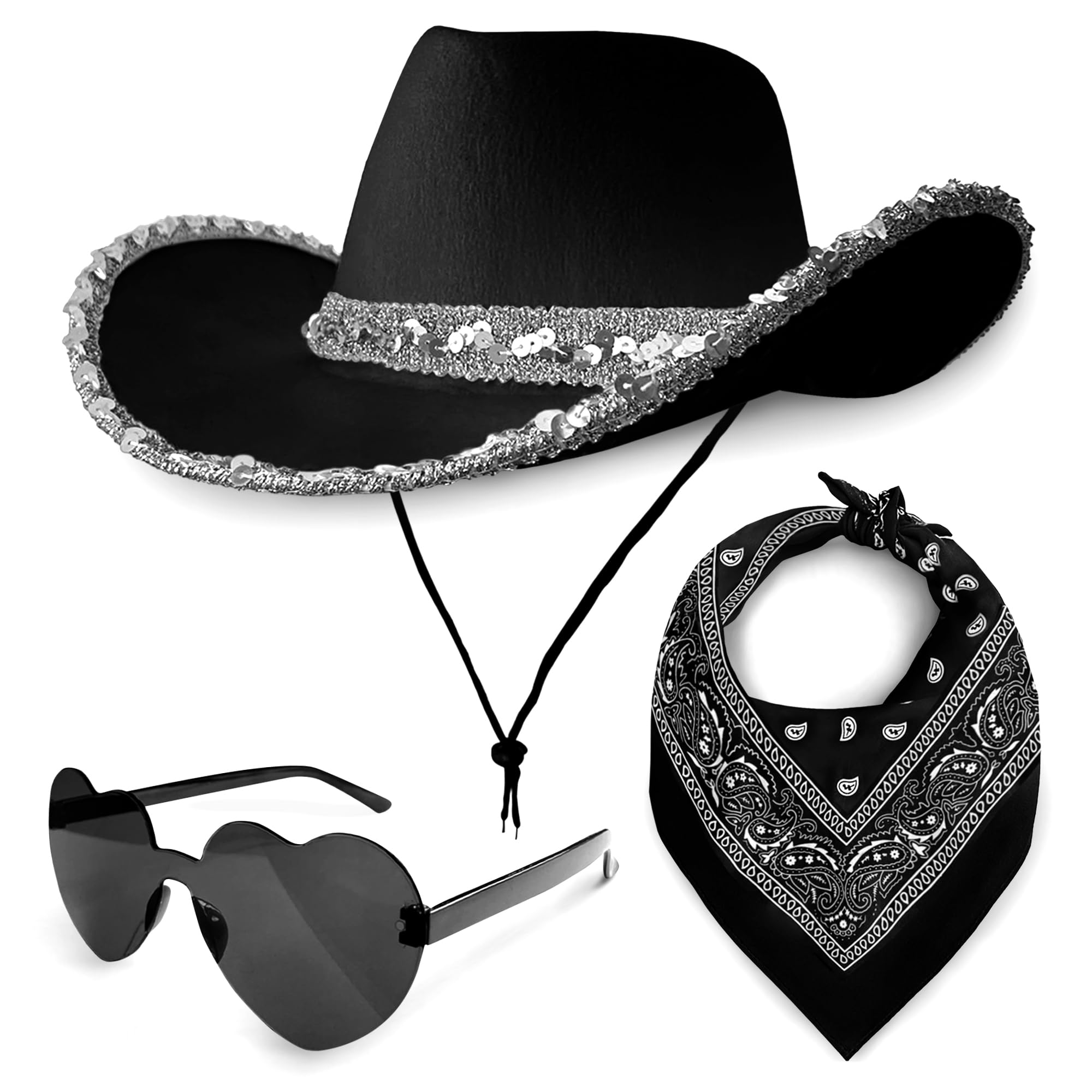 Cowboy Hat 3 Piece Set for Women & Men (Black with Silver Sequins Hat, Black Paisley Bandana & Heart Sunglasses) Cowgirl Costume Accessories for Fancy Dress Festivals Western