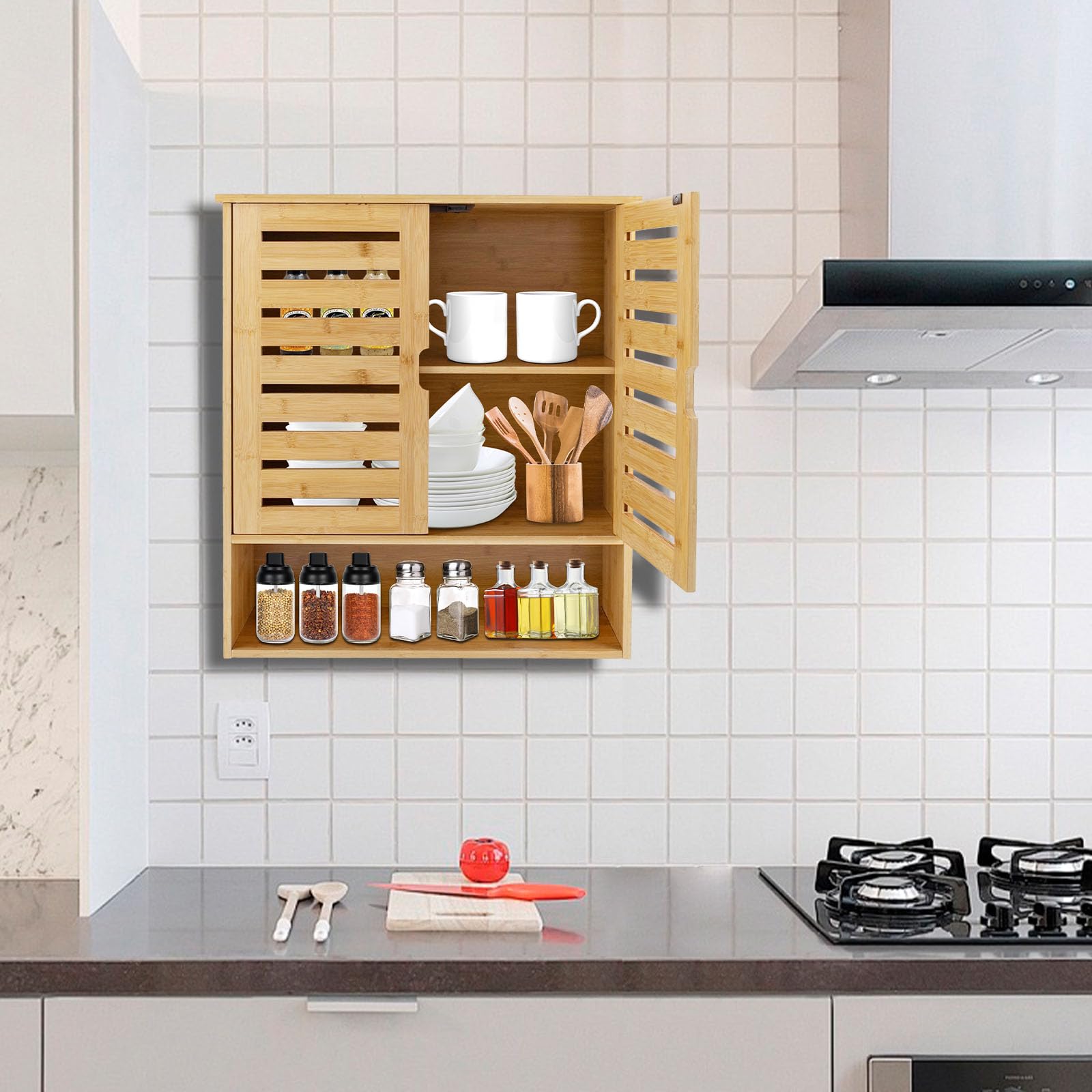 Armadietto da Bagno a Parete, Pensili in bambù per Bagno, Armadietto per medicinali Pensile sopra il WC Organizzatore Salvaspazio Armadietto da Bagno a Parete