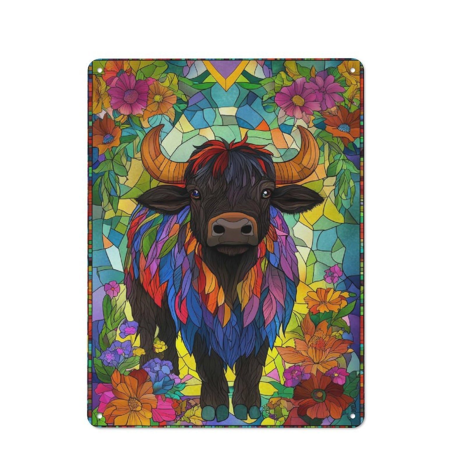 Junmoney Stained Glass Bull Rustic Tin Sign 40X30cm For Man Cave Or Games Room, Housewarming Present For People Styling Man Cave And Games Room