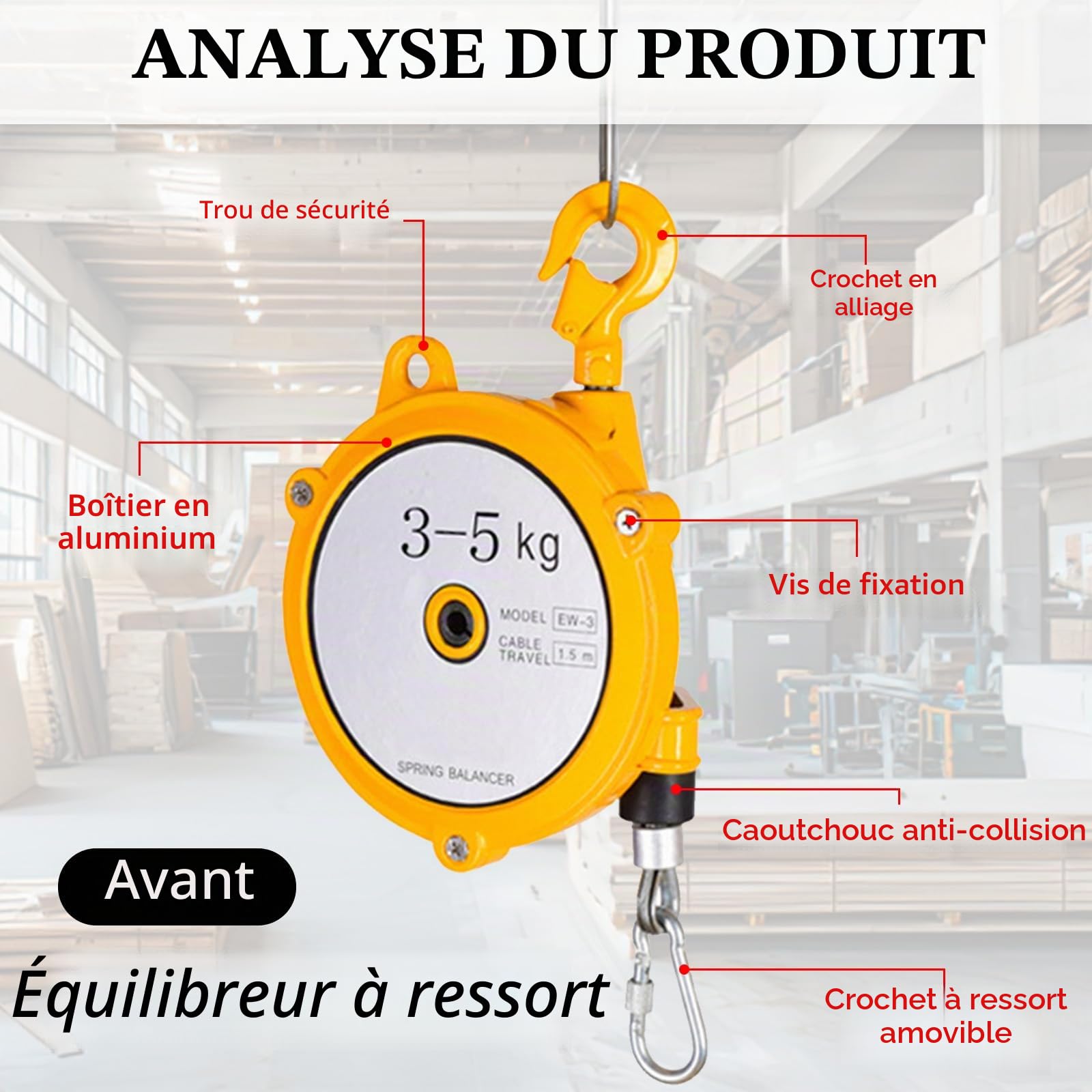 Équilibreur à Ressort Rétractable 3-5 kg, Equilibreur à Ressort 1,5m de Hauteur de Levage avec Fil Acier Epais et Crochet Equilibrage à Ressort en Métal pour Ateliers et Usines