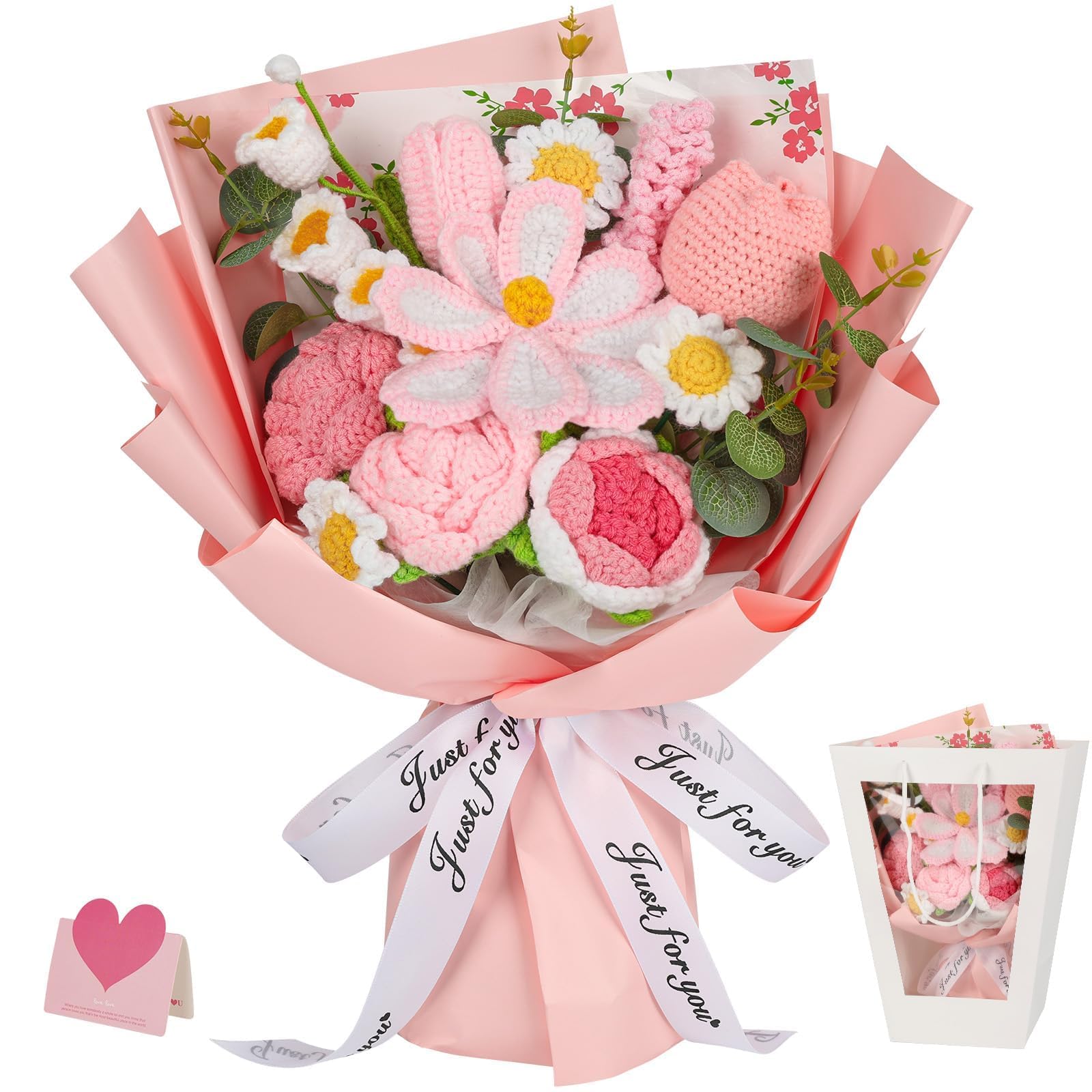 Crochet Flowers Bouquet, Rose Handmade Knitted Flowers with Vase, Pink