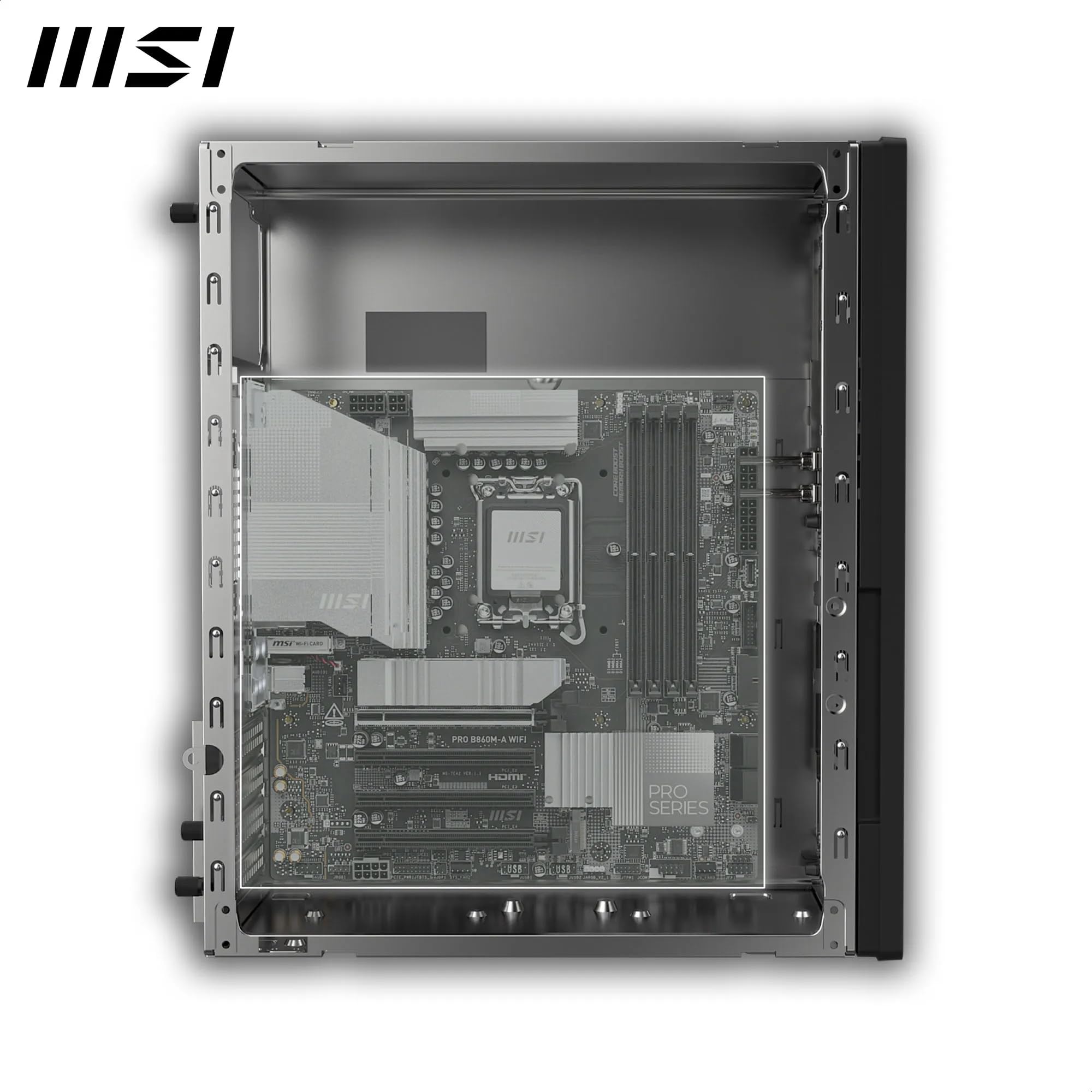MSI PRO SHIELD M100 è un case per PC compatto, orientato al business, con design elegante nero opaco, supporto per schede madri Micro-ATX e porte I/O frontali—ideale per uffici, scuole e enti pubblici