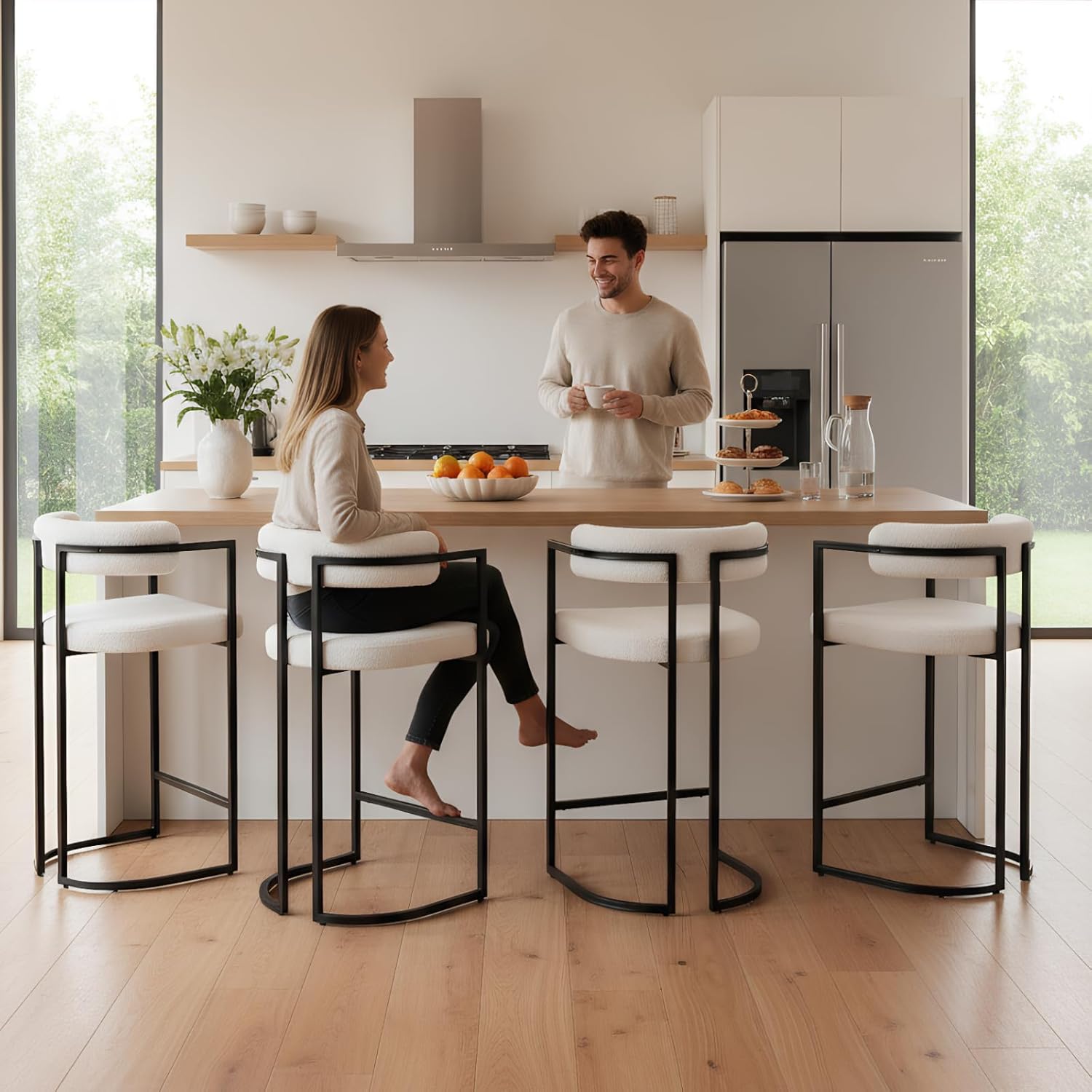 Bar Stools Set of 4, 26 Inch Modern Counter Height Bar Stools with Ergonomic Back, Sherpa Upholstered Barrel Counter Stools with Metal Legs for Kitchen Island, White