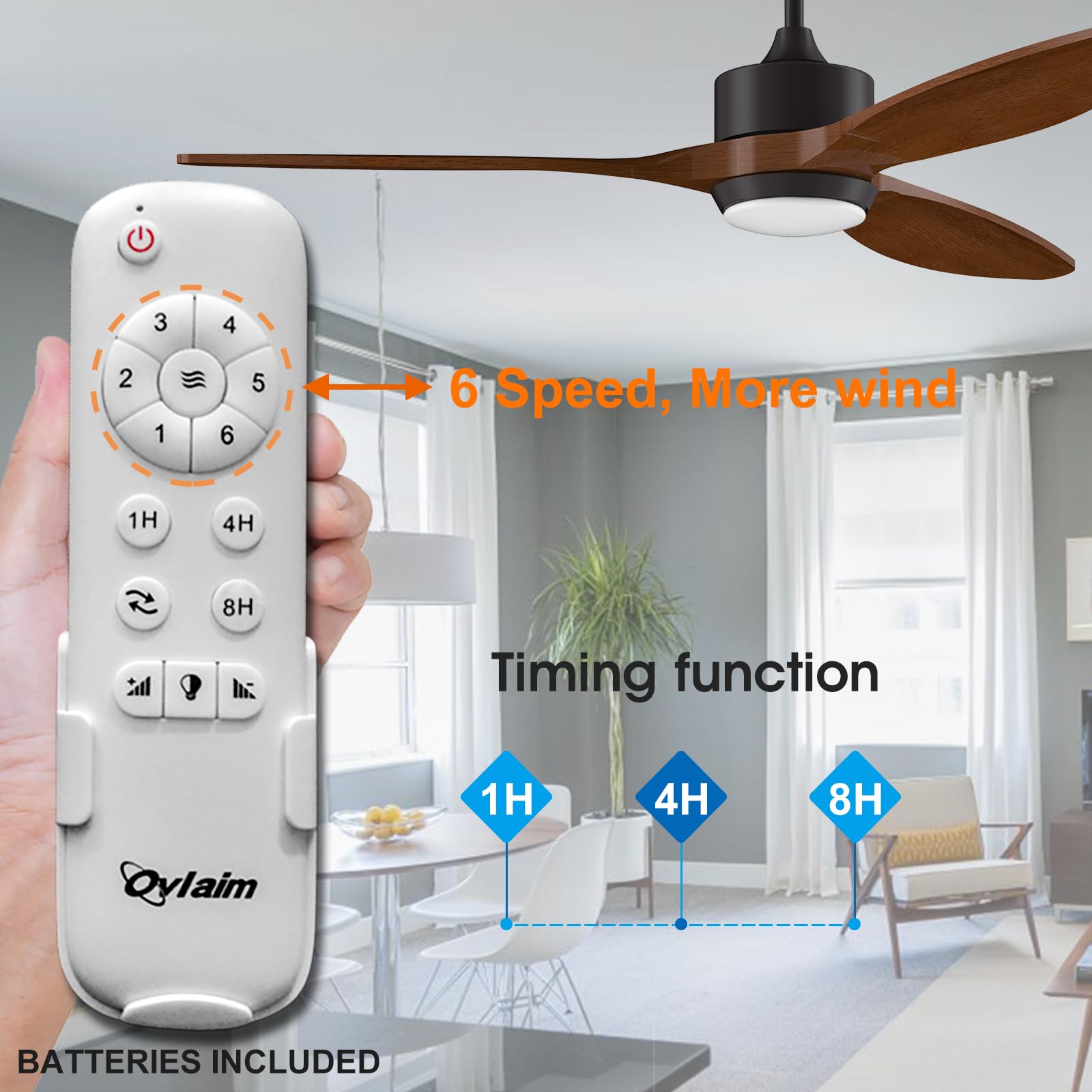 Ovlaim 132CM Ventilatore da Soffitto con Luce e Telecomando, Motore DC Silenzioso 6 Velocità, LED lampadario ventilatore, Timer, IP44 Ventilatore a Soffitto per Esterni - Marrone
