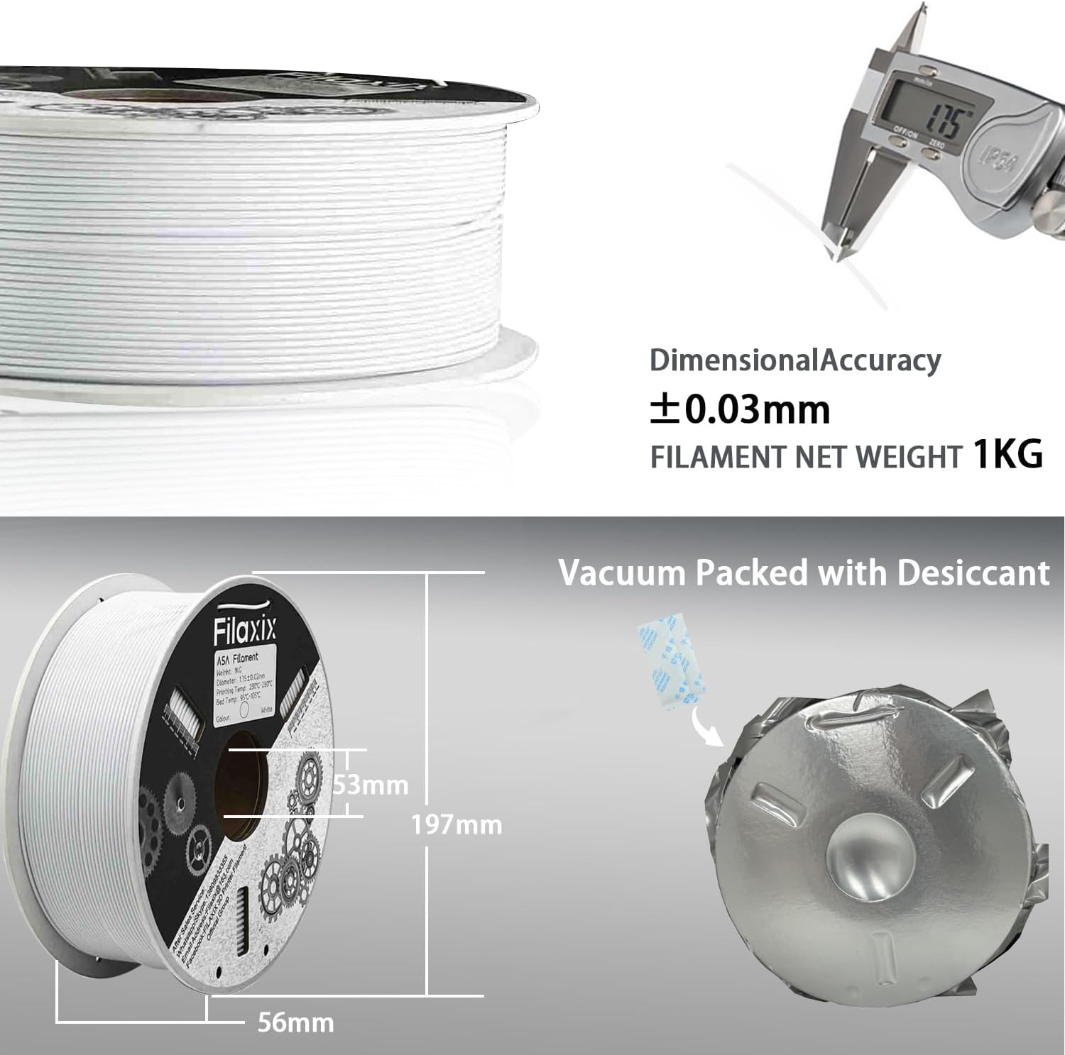 Glass Fiber PETG Filament 1.75mm,High Rigidity & Strength,Excellent Dimensional Stability,Weather Resistant & Durability,Compatible with Bambu LAB, K1C,QIDI MAX3 FDM 3D Printers,1 KG,White