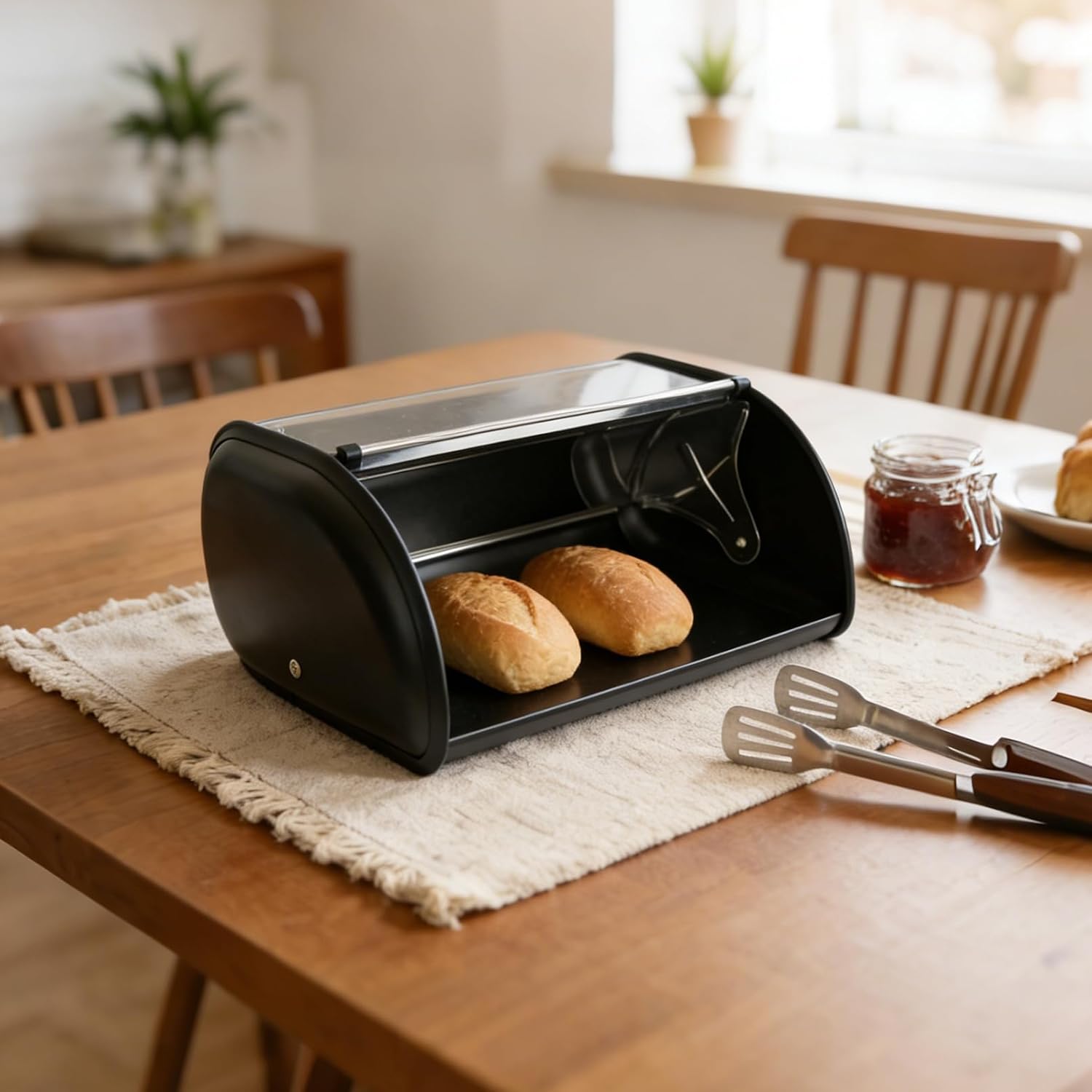 DreamsEden Black Bread Box - Stainless Steel Bread Bin with Roll-Up Lid, Kitchen Countertop Storage Box for Bread Pastries Buns Toasts Snacks