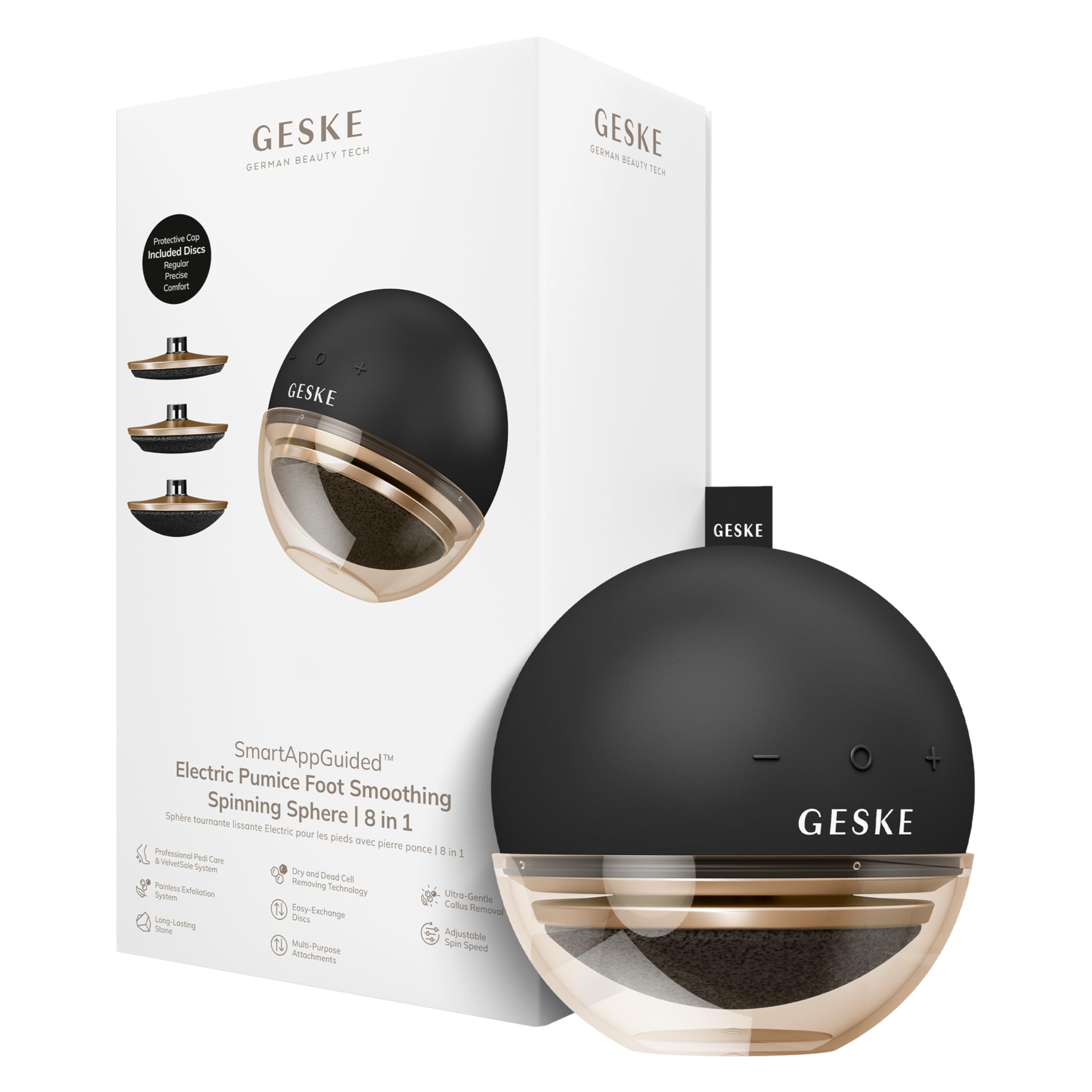 GESKE Electric Pumice Foot Smoothing Spinning Sphere 8 in 1 Lima de Pies | SmartAppGuided™ | Lima y Exfoliador Eléctrico de Pies | 3 Accesorios de Piedra Pómez | Eliminación Avanzada de Callos