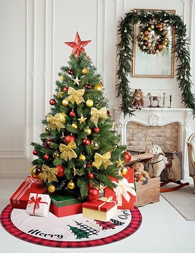 Miniatura 6 de Falda de árbol de Navidad de 48 pulgadas, falda de árbol de Navidad rústica roja con copo de nieve, falda de árbol de Navidad a cuadros negros y