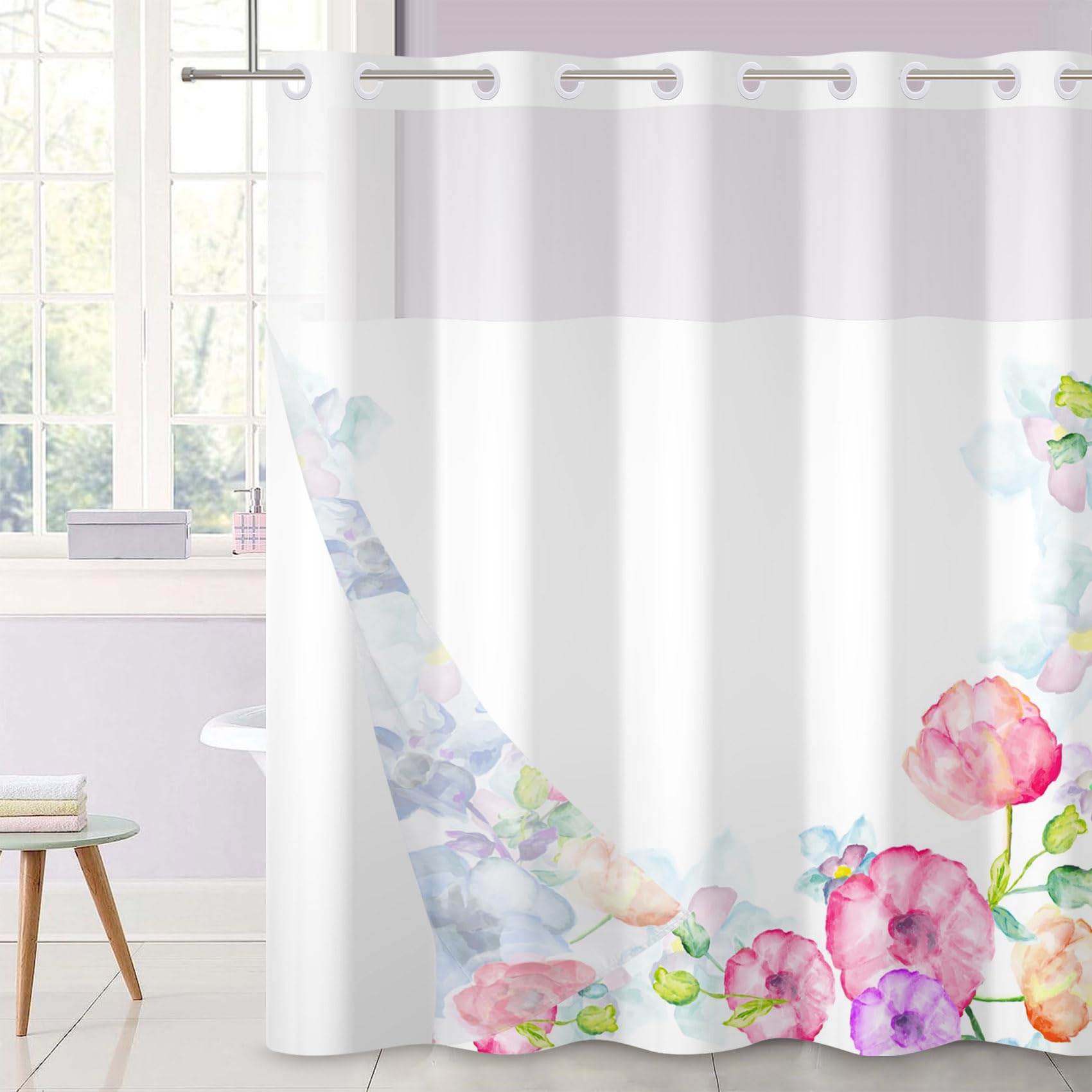 Ttincceer No Hook Shower Curtain Colorful Flower Bath Curtain Watercolor Flower Double Layer Shower Curtain with Snap in Liner Waterproof Bathtub Curtain 183x198cm — image 1