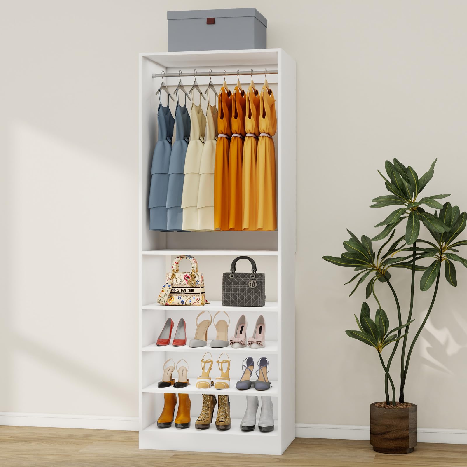 2-5FT Walk in Closet System with Adjustable Shelves, 81" Tall Closet Organizer System Tower with Hanging Rod, Wooden Closet Storage Cabinet, White