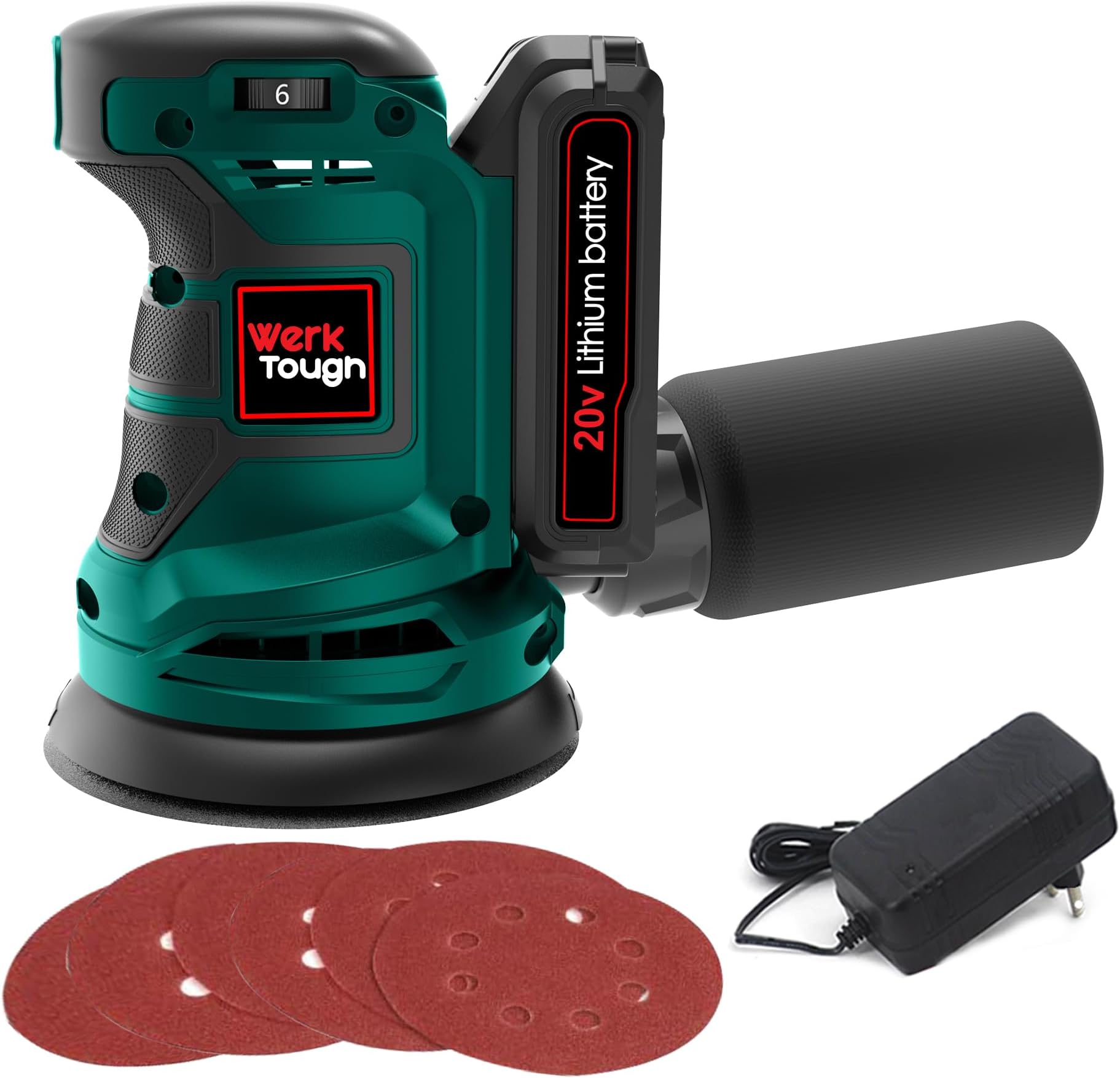 Wertough SA002 20v Cordless Random Orbital Sander 6-Step Speed with 2.0A Battery and Fast Charger 1pcs 125 Sander Wheel and 6pcs 125mm Sander Paper with dust Bag Green