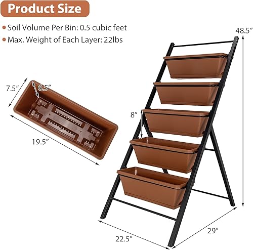 Miniatura 6 de Giantex Maceta vertical elevada, camas de jardín elevadas con orificio de drenaje de agua, cajas independientes de 5 contenedores para cultivo de