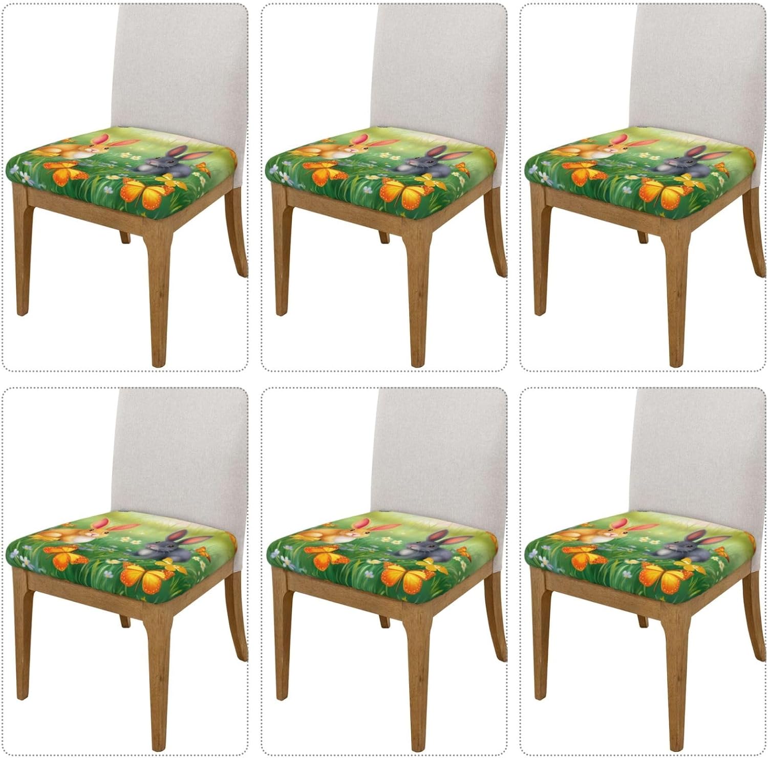Spring Flower Butterflies Dining Square Chair Seat Covers 16.9" Six Piece, Easter Rabbit Eggs Stretch Fitted Couch Cushion Cover Replacement Removable, Chair Slipcovers for Home Holiday Decoration