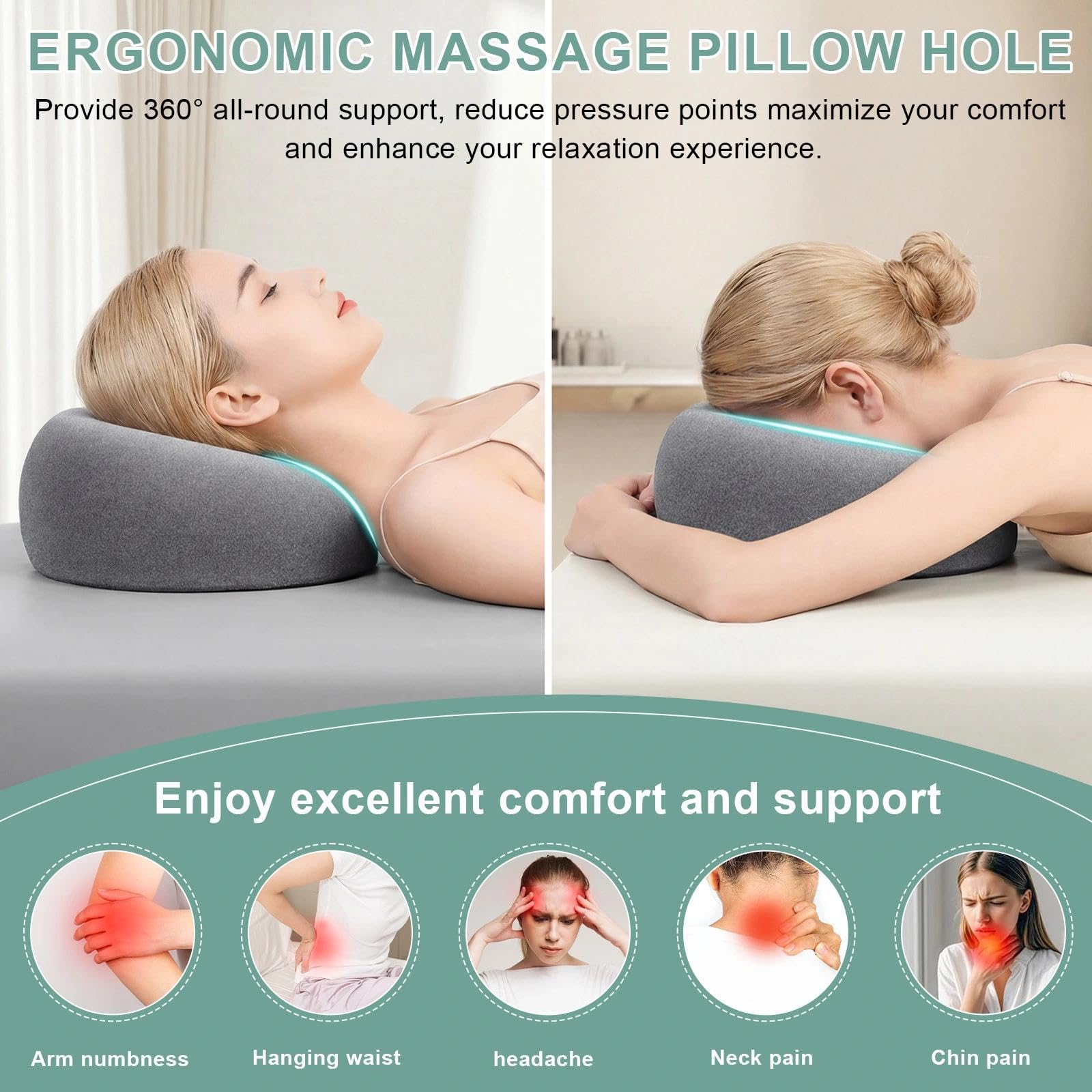 Almohada de Masaje Facial Boca Abajo con Agujero - Reposacabezas en Forma de U con Espuma Viscoelástica - Ideal para Camillas de Masaje, SPA, Salones de Belleza y Uso Doméstico（Gris）