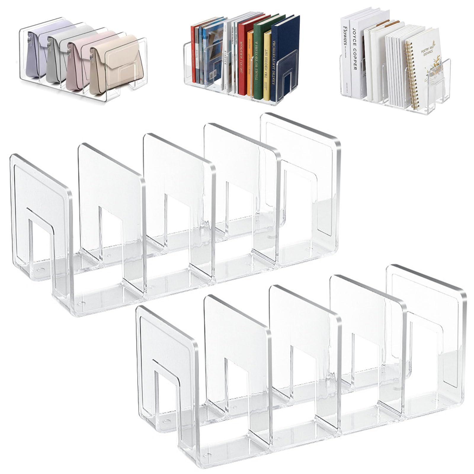 2 Pièces Porte Revue en Acrylique Transparent, 4 Compartiments Organiseur de Fichiers pour Livre Séparateur de Sac à Main pour Bureau, Classe, Chambre, Bibliothèque, Cuisine