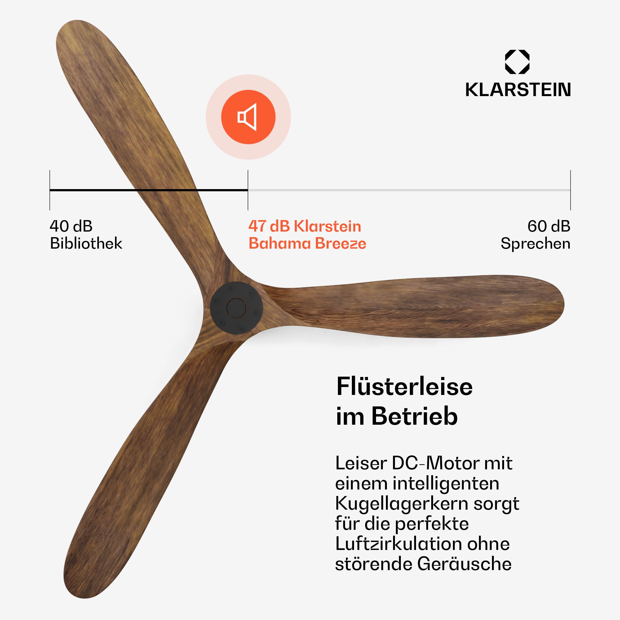 Klarstein Deckenventilator Leise mit Fernbedienung – 178 cm Walnuss, Smart Steuerung per App & Sprachbefehle, 6 Geschwindigkeiten, Sommer-/Winterbetrieb, Flüsterleise für Schlafzimmer, Energiesparend