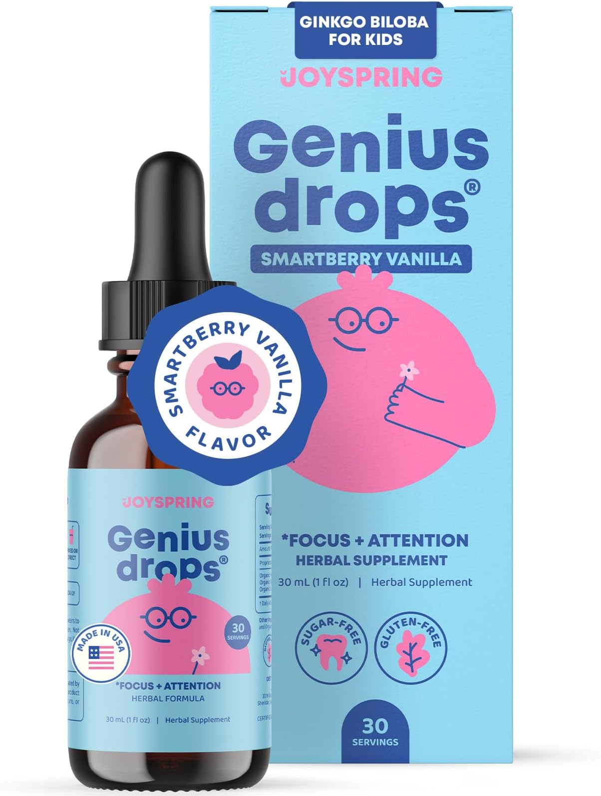 JoySpring Genius Drops Smartberry Vanilla | Herbal Focus Support for Kids with Ginkgo Biloba, Licorice Root, Gotu Kola Extract, Peppermint Leaf | Liquid Formula|1fl oz (30 Servings)