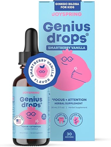JoySpring Genius Drops Smartberry Vanilla | Apoyo de enfoque a base de hierbas para niños con Ginkgo Biloba, Raíz de Regaliz, Extracto de Gotu Kola,