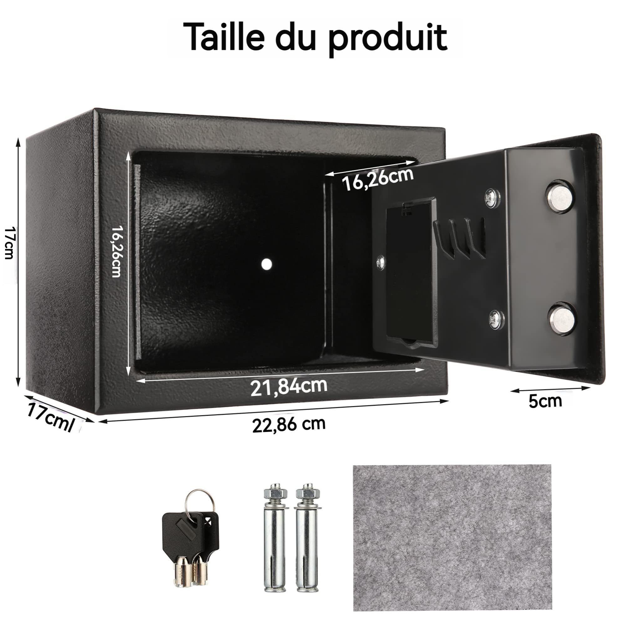 6,5L Coffre Compact Ignifuge et Étanche – Coffre-fort Électronique pour Armoire avec Double Boulons en Acier, Revêtement en Velours et Clés d'Urgence, 23 x 17 x 17 cm
