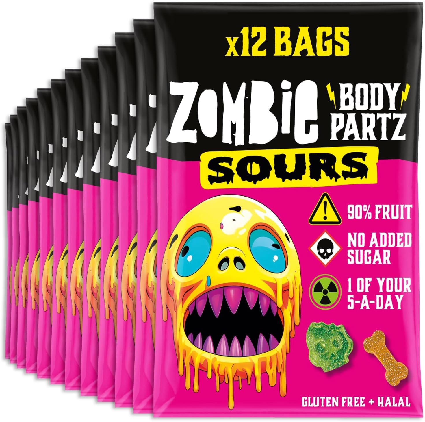 Zombie90% Fruit Sour Gummies (12 Bags), No Added Sugar Halloween Sweet Bags, Vegan, Healthy Snacks, Adults, Kids, Low Calorie, Gluten Free, Halal, Bulk, Jelly, Vegetarian, Party, Trick or Treat CandyClimatePartner certified