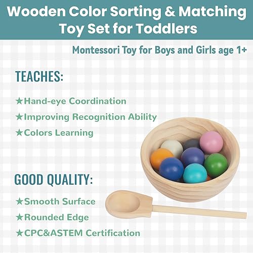 Miniatura 6 de WOODENFUN Bolas de arco iris en tazas Montessori Juguetes para niños de 1 año en adelante, juegos de madera a juego para niños preescolares para