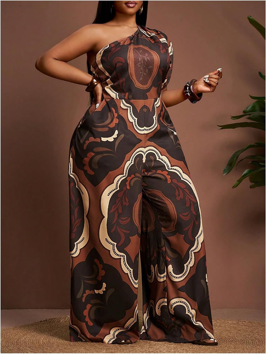 OYOANGLE Women's Plus Size Boho Wide Leg Jumpsuits Paisley Print Off the Shoulder Palazzo Jumpsuit with Pockets