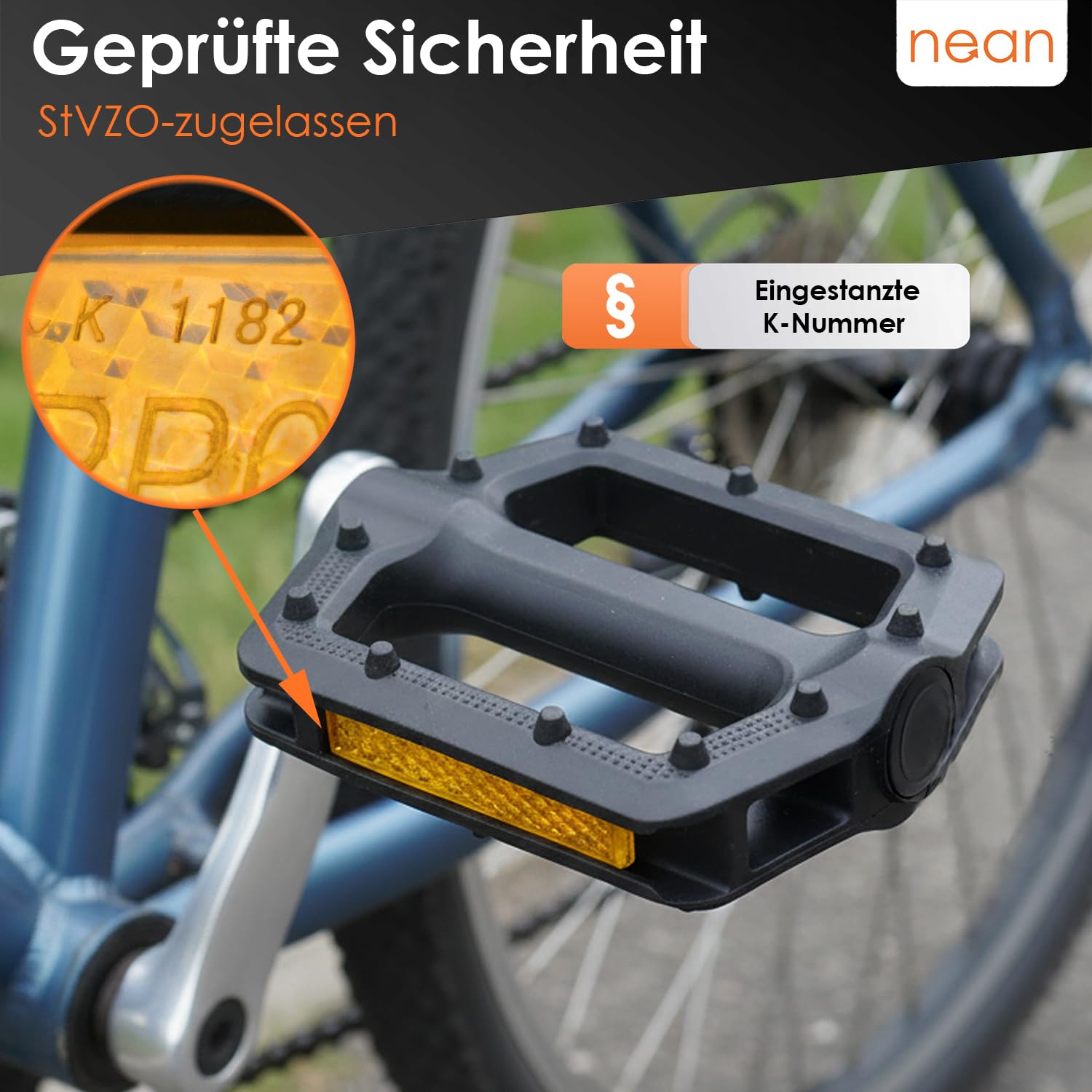 nean Pedały rowerowe sportowe z reflektorem, zatwierdzone zgodnie z przepisami StVZO, 14,3 cm, zestaw 2 szt
