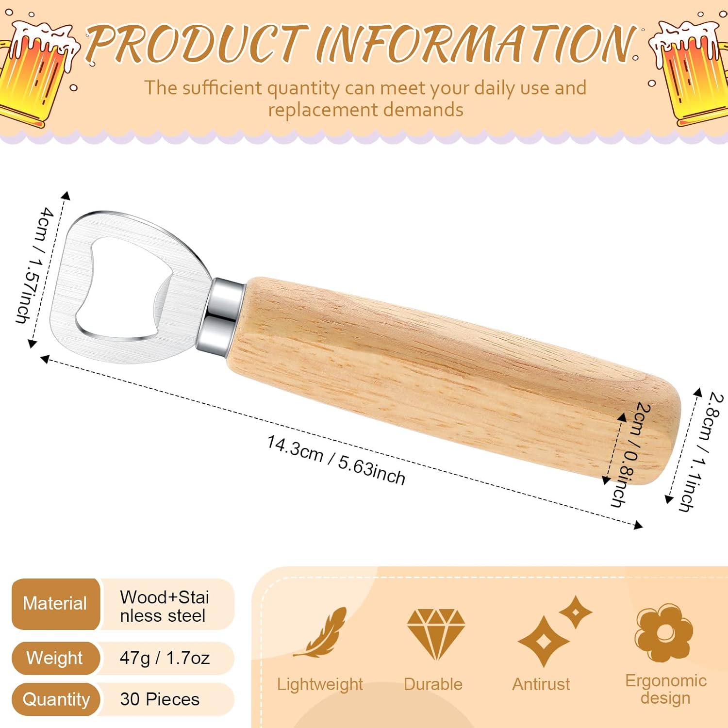 Lounsweer 30 Pcs Wood Wine Bottle Opener Stainless Steel Bottle Opener Wood Handheld Heavy Duty Bartender Bottle Openers Cider Engraved Gift Set for Kitchen Wedding Party Bar Home Restaurant