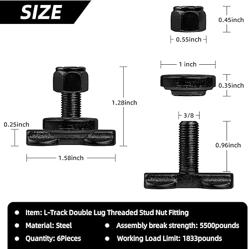 Miniatura 8 de PALOZO L-Track - Tuerca roscada de doble orejeta para atar hacia abajo, utilizada con rieles de riel en L para control de carga de caja de camión o