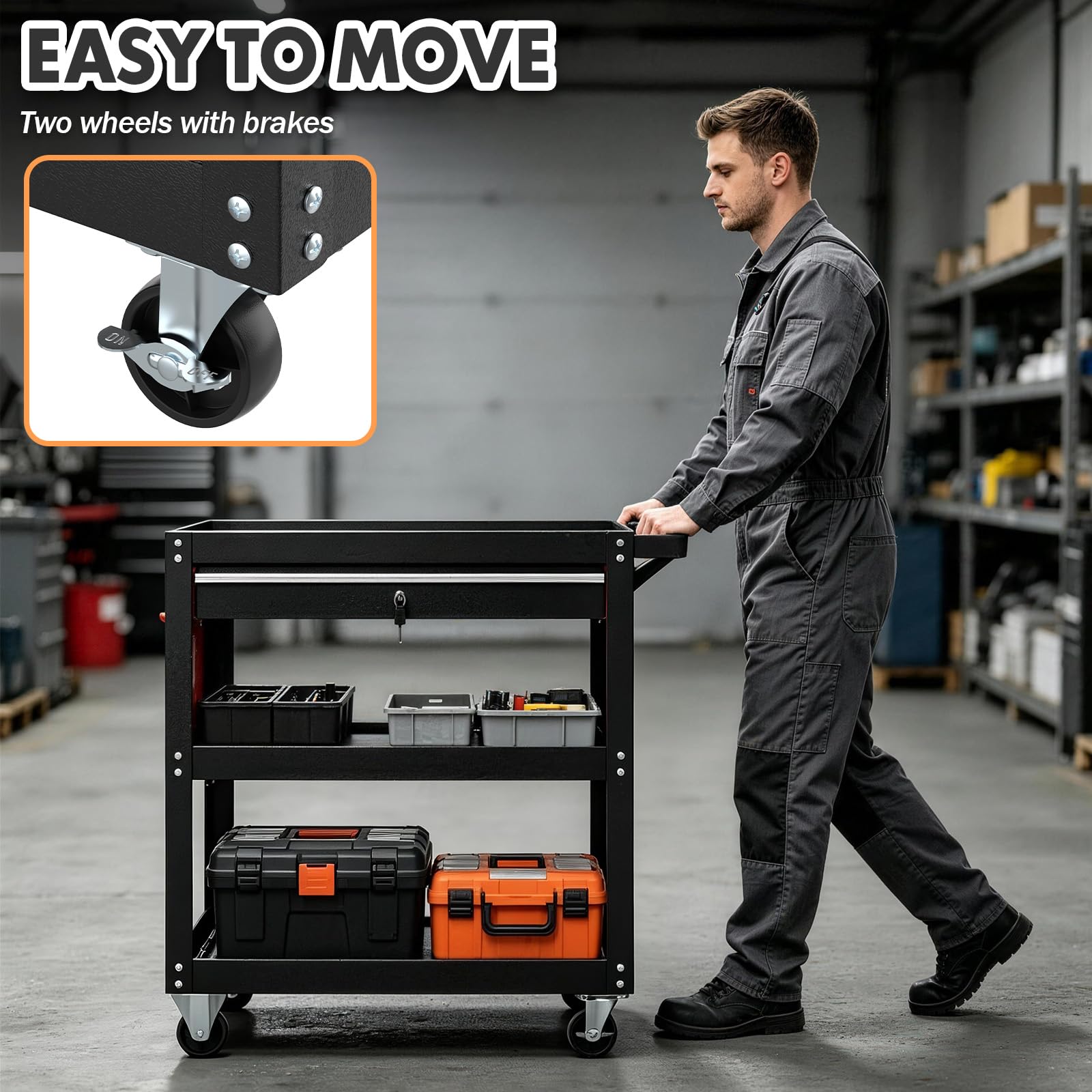 Verdego Werkzeugwagen mit Schublade, 3 Etagen, bis 200 kg, 70x35x76 cm