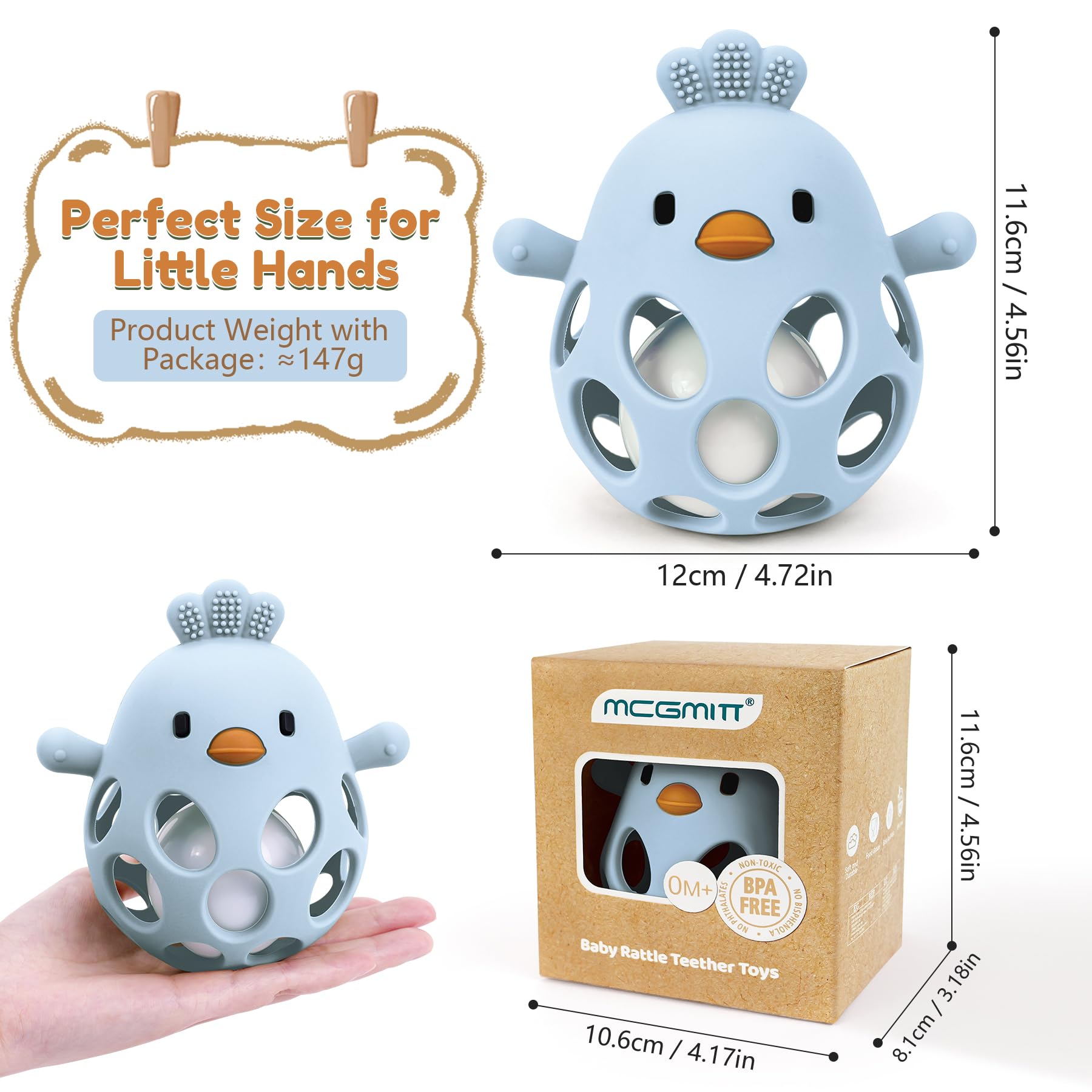 MCGMITT Palla da Presa per Neonati in Silicone Senza BPA – Sonaglio a Forma di Pulcino Giocattolo Sensoriale e Motorio per Bambini di 3 6 9 mesi Facile da Afferrare Come Regalo Montessori – Blu