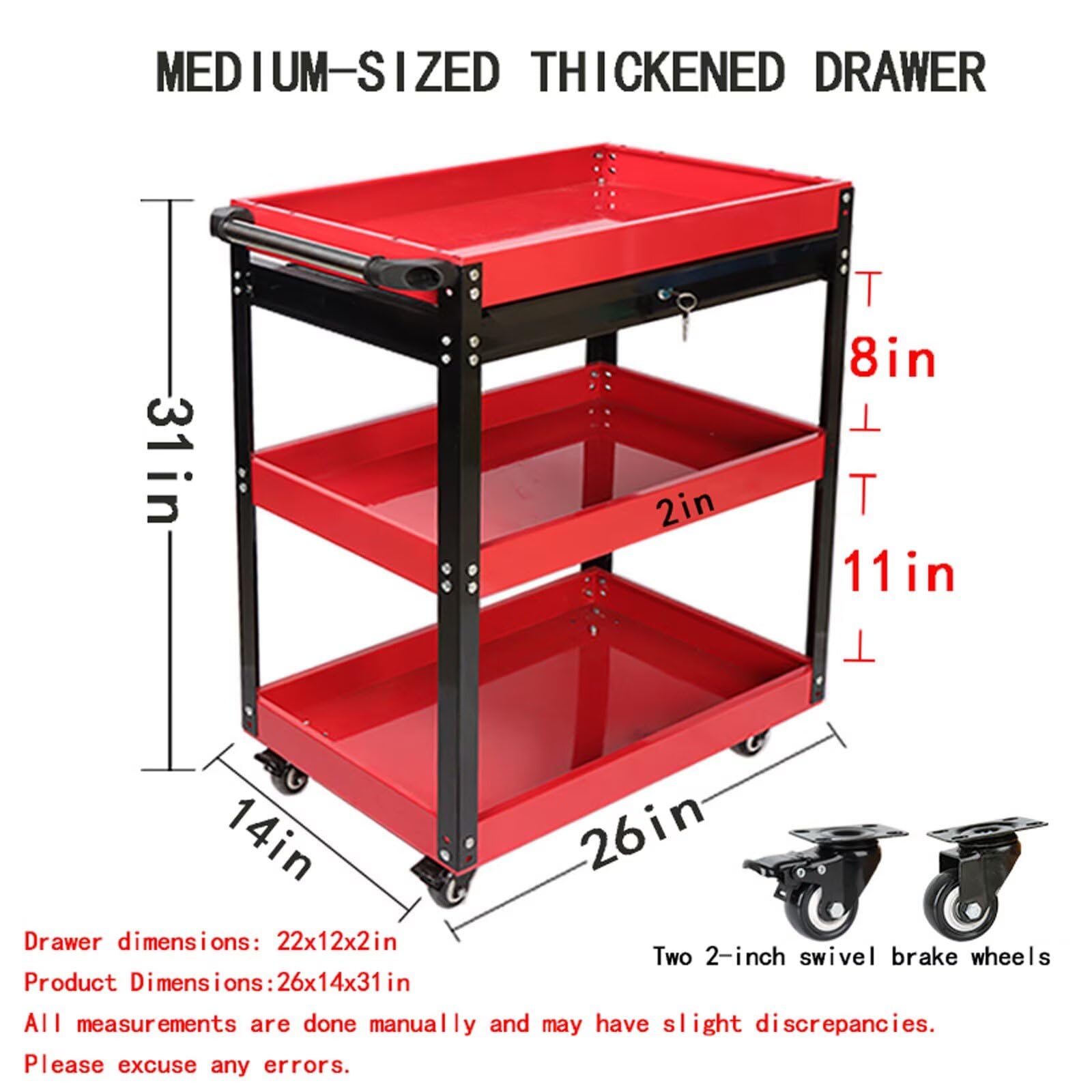 Carrello Portautensili Officina Carrello da Officina con 3 Ripiani Con cassetto e Pegboard Per Bagno Cucina Camera da letto Soggiorno(65x36x78cm) Rosso
