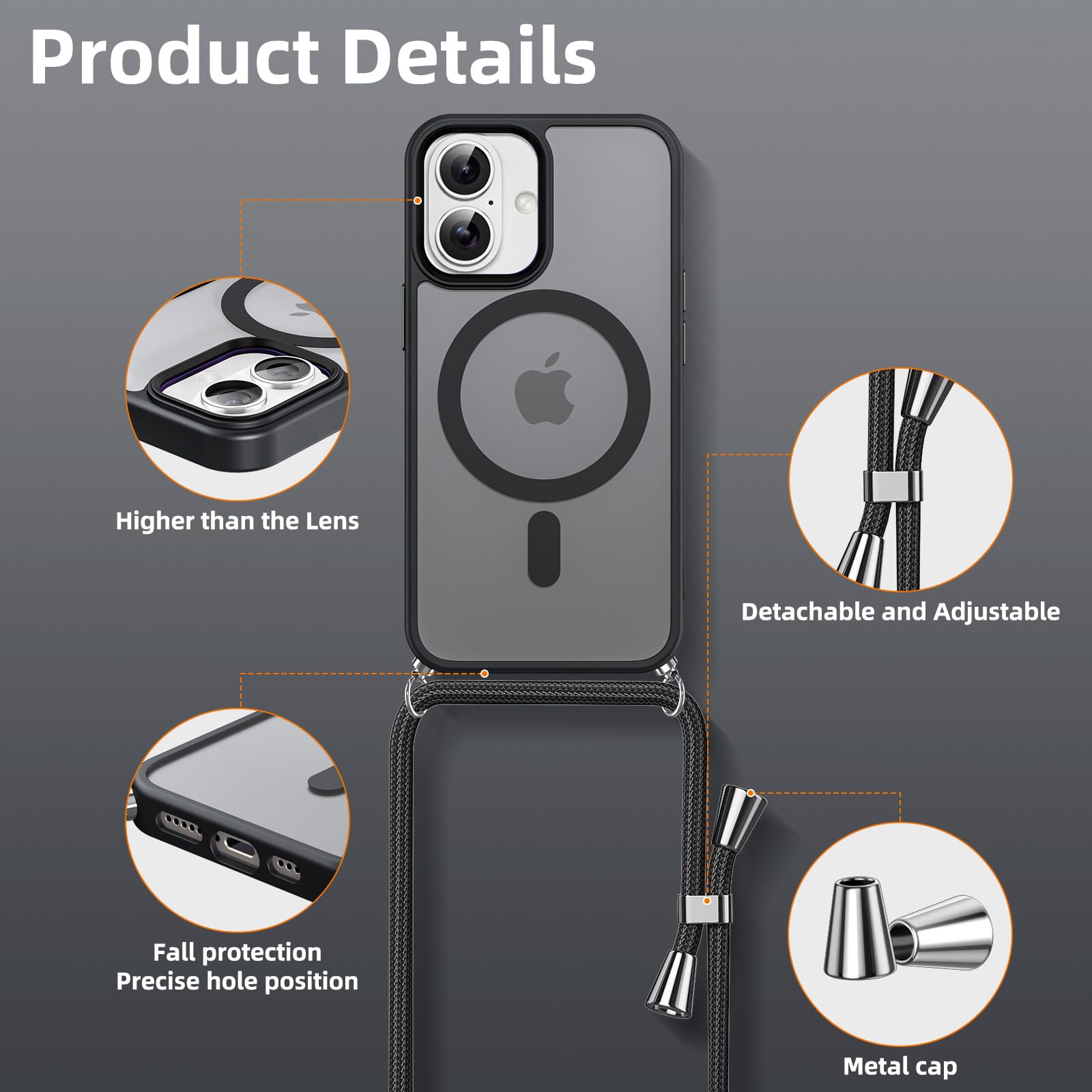 Pnakqil Magnetyczne etui na Apple iPhone 16 ze smyczą, kompatybilne z MagSafe, półprzezroczyste przezroczyste twarde etui z PC ze sznurówką na ramię regulowany odporny na wstrząsy futerał z