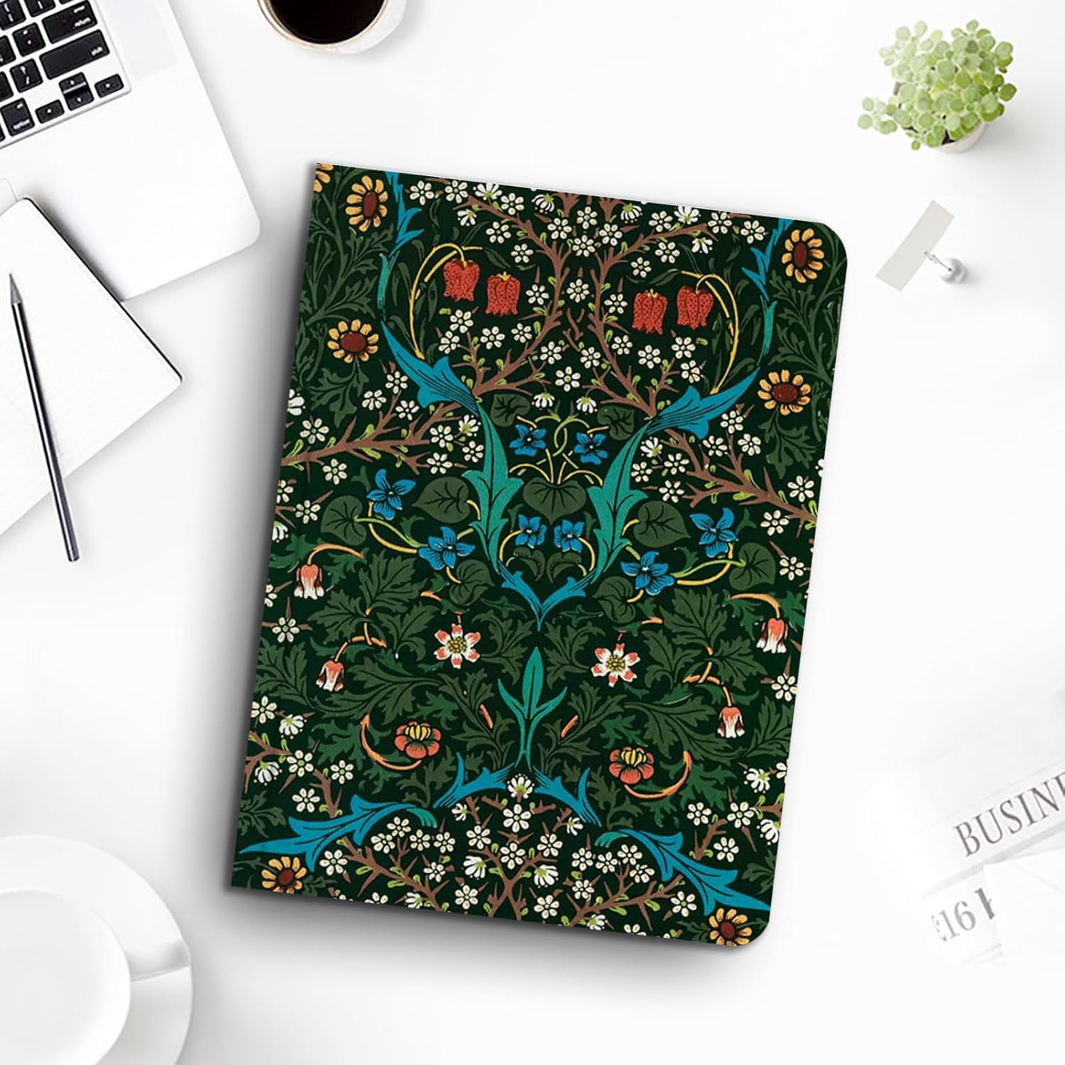 Compatible with iPad Case Pro 4th/3rd/2nd Gen 11 Inch - Folio Cute Art Slim Cover - with Flower Design - PU Leather with Pencil Holder - Green Floral Botanical William Morris Blackthorn
