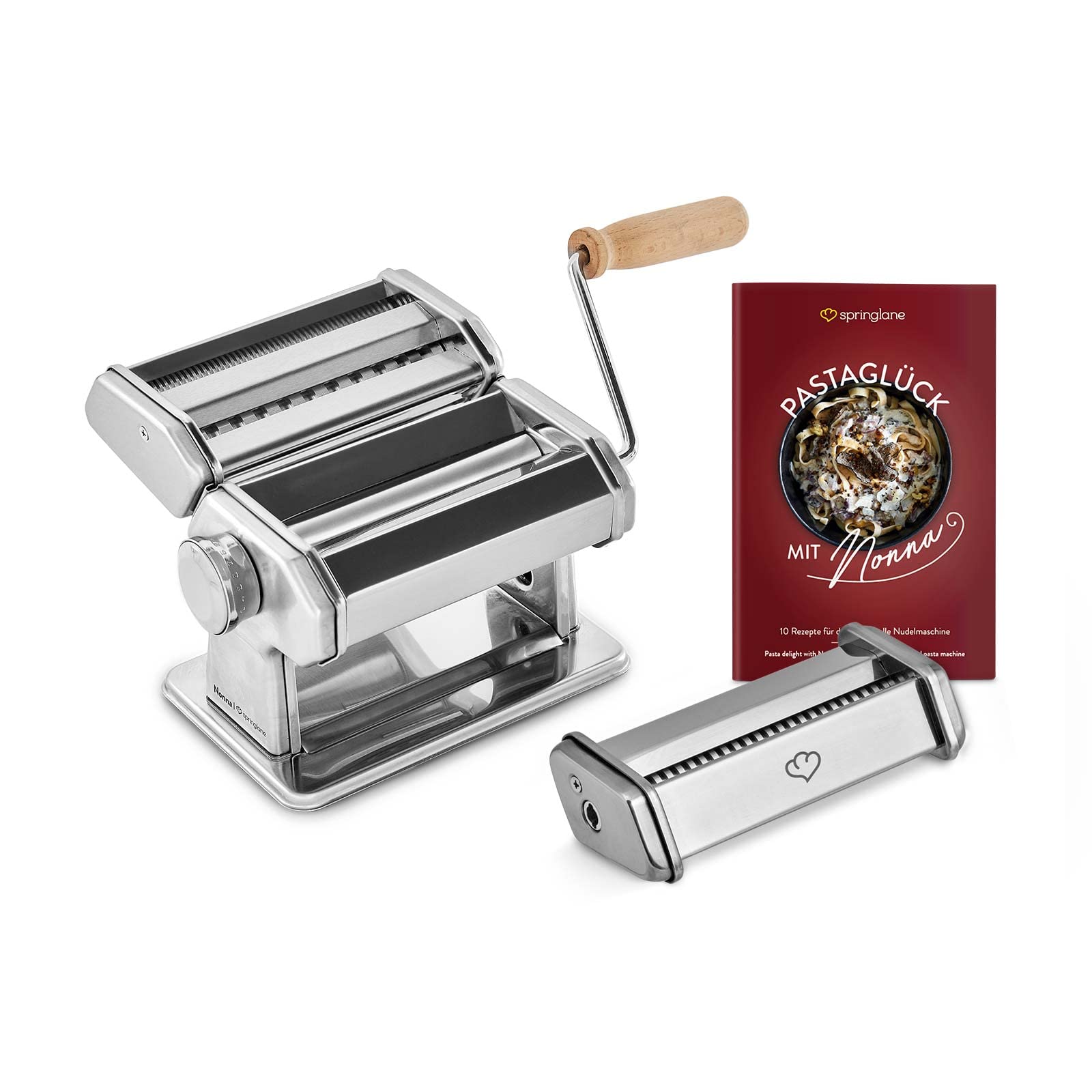 SPRINGLANE Máquina de fideos manual Nonna con Accesorio para linguine, Acero inoxidable, Máquina para hacer pasta, incluye secador de pasta y 3 accesorios para cortar espaguetis, lasaña, tallarines