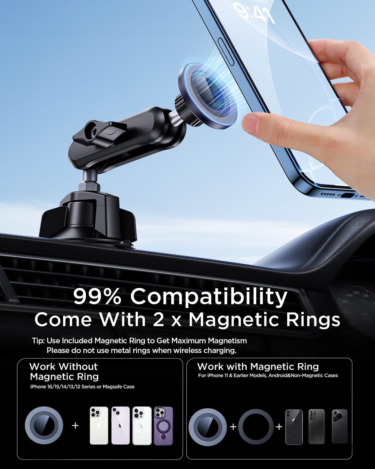 Magnetic Car Phone Holder [3-in-1] for Dashboard, Windshield & Vent, with Strong Suction Cup, Adjustable Metal Arm & 360° Rotation, Universal Phone Mount for All Cell Phones - Image 4