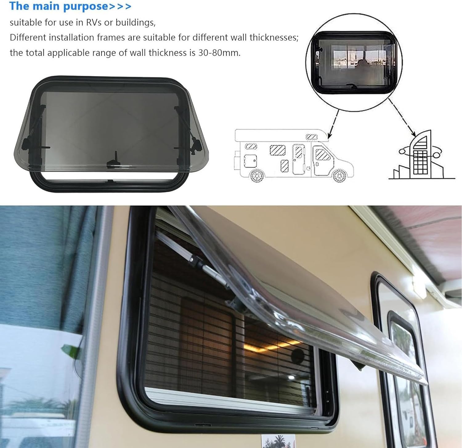 Aluminum Alloy Frame RV Exit Window, Tinted Acrylic Pane, Rear, Compatible with RV, 1200x600mm