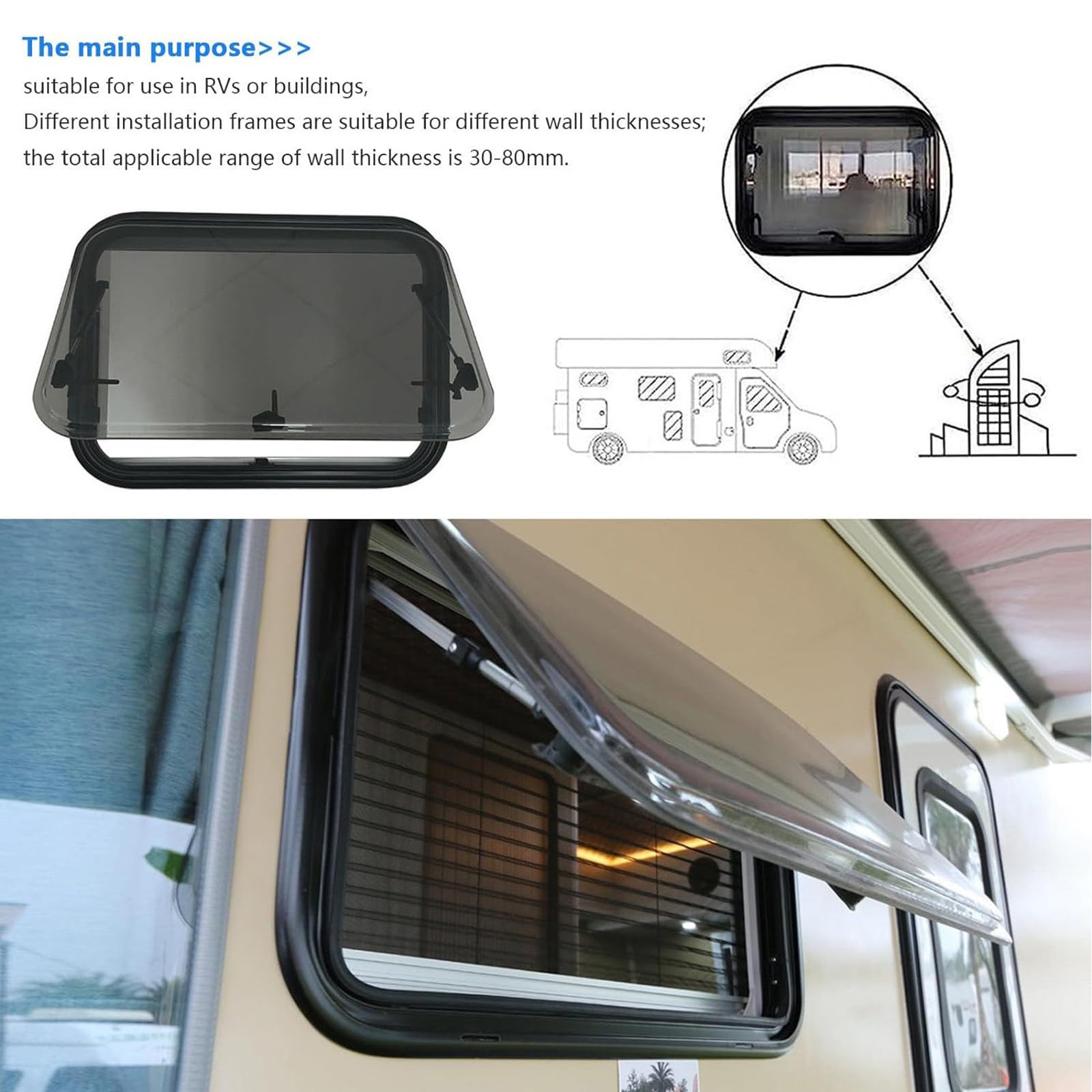 Finestra di ricambio per camper – Esterna Spinta Fuori Portello di sfiato per RV Caravan Camper Van – Finestra a cerniera per finestra di uscita camper