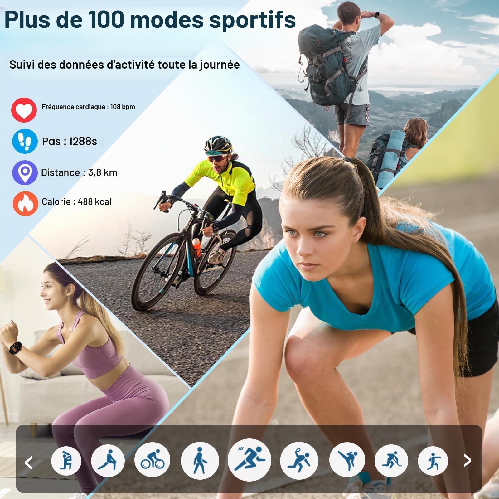 Montre Connectée Homme Femme, 1.96" Smartwatch Moniteur Sommeil Fréquence Cardiaque Podomètre, 110+ Sportifs, Montre Intelligente avec Appel Bluetooth, Etanche IP68 Montre Sport pour Android iOS, Noir