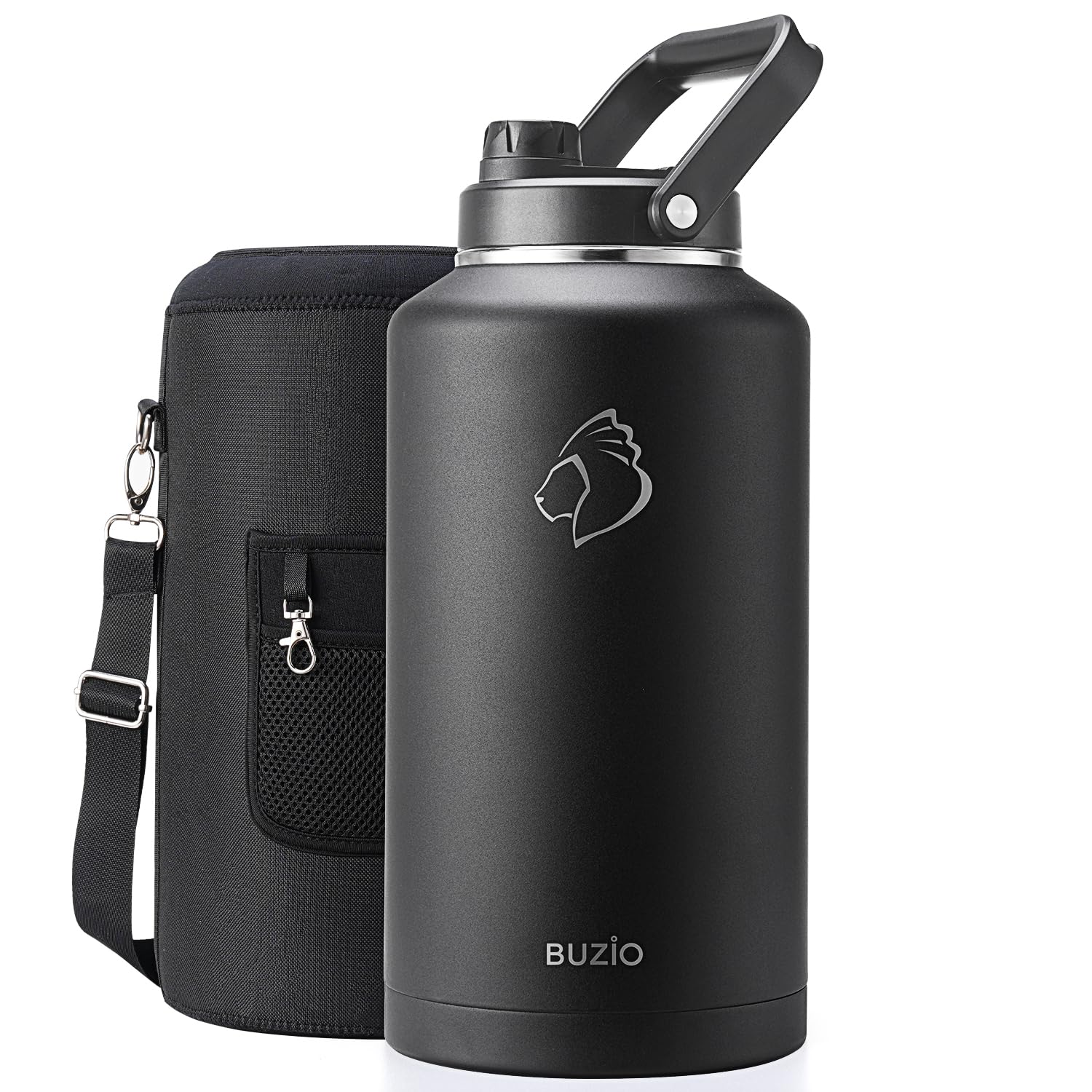 BUZIO 2 Gallon Water Bottle Insulated, (Cold for 48 Hrs) 256oz Extra Large Water Jug Stainless Steel, 4.4in Big Wide Mouth Leak Proof Metal Flask with Handle for Camping,Outdoor Work,Travel, Black