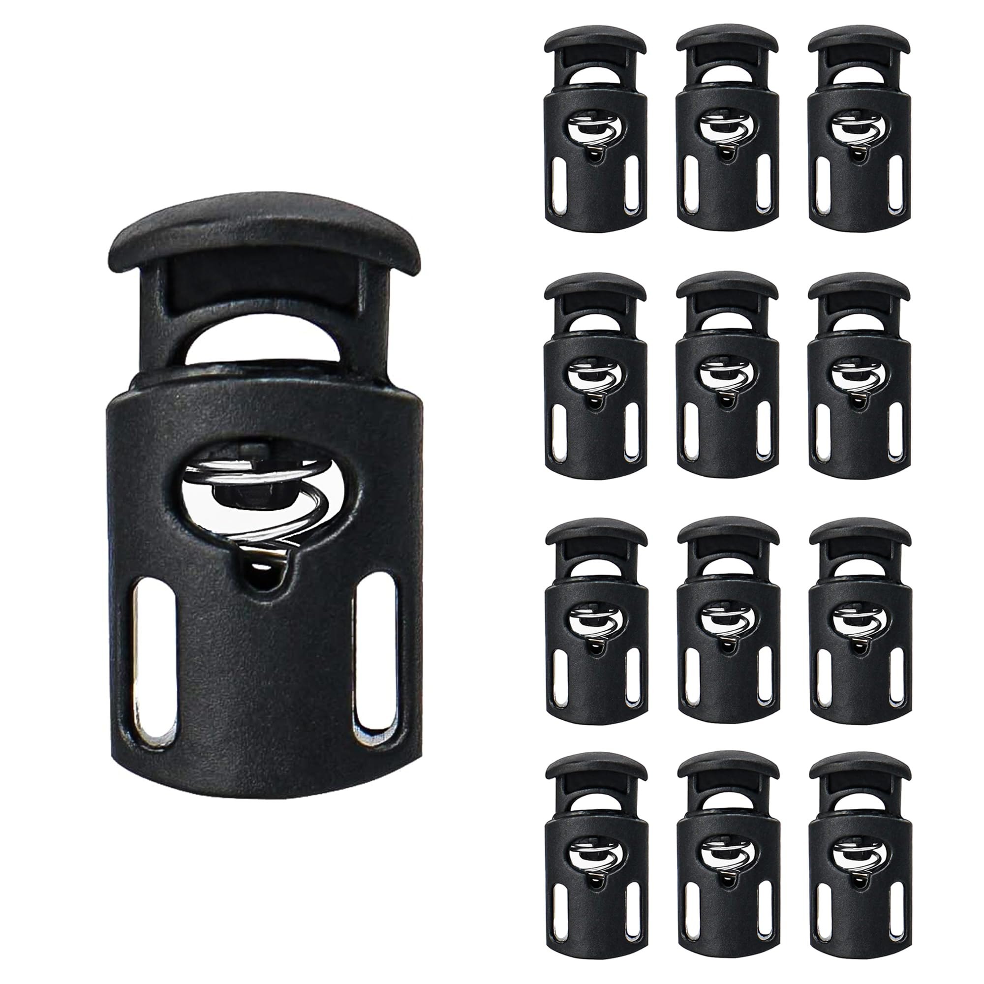 Sialpro Unisex Black 12Pcs Single Hole Plastic Spring Cord Locks Toggle Stoppers For Drawstrings Paracord End Clip Lanyard Plug Slide Fastener With Spring Loaded Push Button Flate Pyjamas Shoelaces (Black 12Pcs)