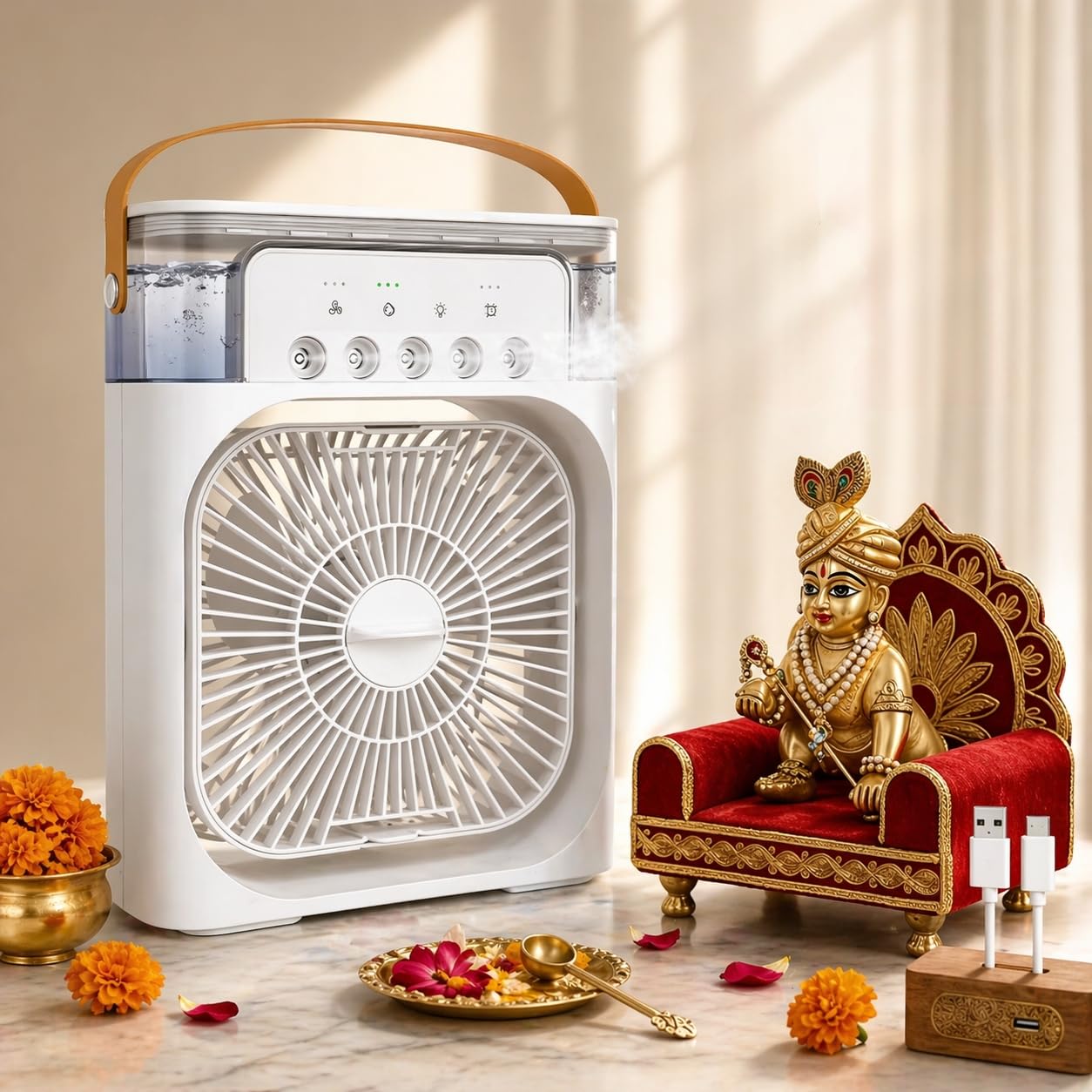 portable mini air cooler fan with humidifier, 7 colours led light, 3 timer settings, usb powered, for home and temple