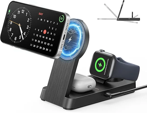 3 in 1 Magnetic Wireless for iPhone Charging Station: Foldable Portable Charger for iPhone 17-12 Pro Max & Apple Watch & AirPods, for Apple Multiple Devices Charger for Home,Office&Travel