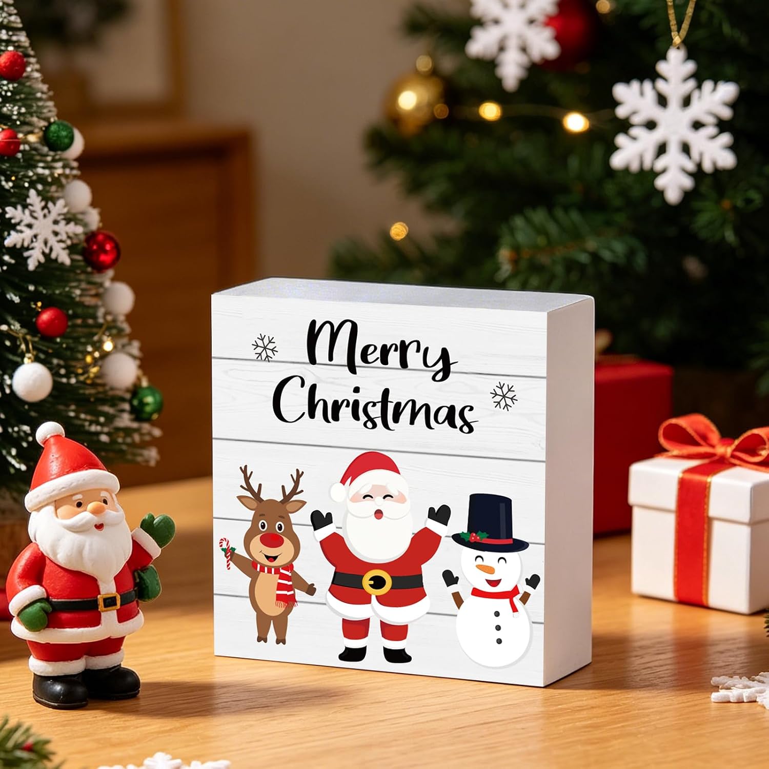 Christmas Decorations Indoor Christmas Decor Table Home Room Office Bathroom Santa Claus Snowman Reindeer Wood Box Sign Rustic Wooden Shelf Desk Decor Season Sign House Warming Gifts 5.9 x 5.9 Inch