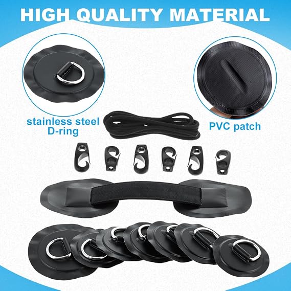 8 Pcs D-Ring PVC Patch, 20FT Elastic Bungee Shock Cord and 6 Hooks