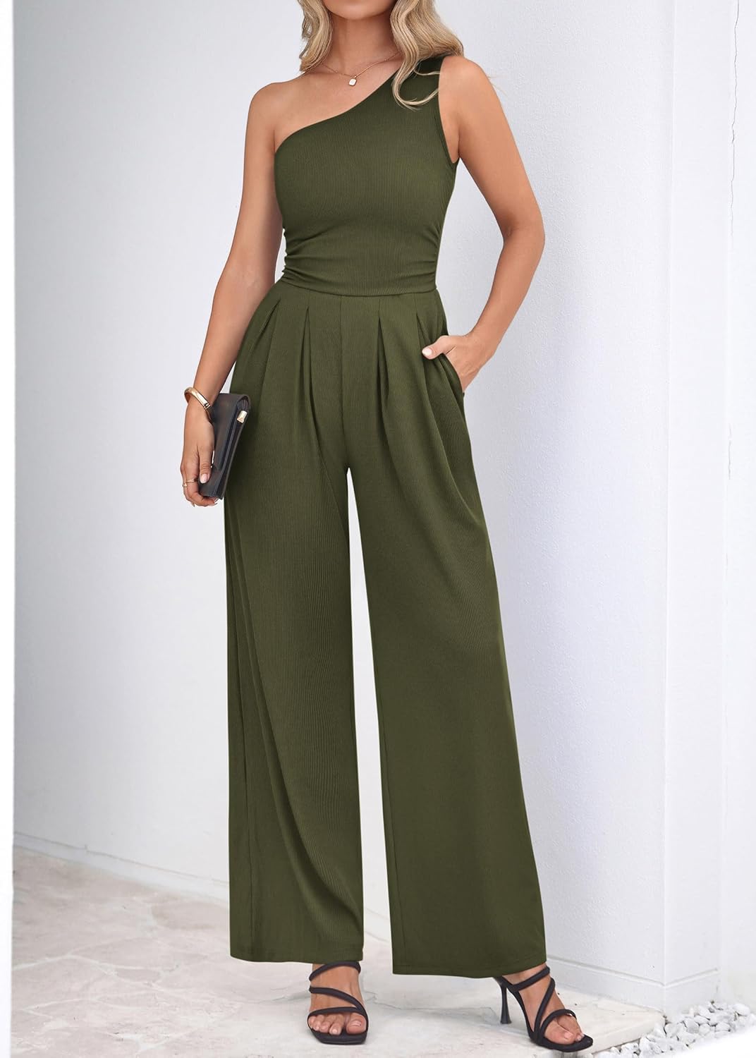KIRUNDO One Piece Jumpsuits For Women Dressy 2026 Sleeveless One Shoulder Ribbed Wide Leg Rompers With Pockets Summer Outfits - Image 5