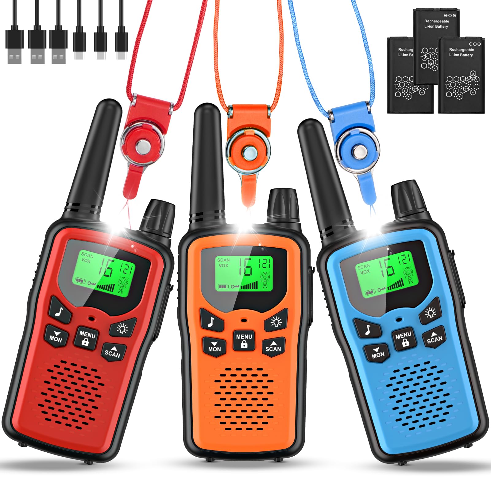 Rabigala Walkie Talkie Aufladbar 3er Set für Erwachsene Kinder, Funkgeräte mit 5km großer Reichweite, Li-ion Akku, VOX Freisprecheinrichtung, Taschenlampe LED, LCD