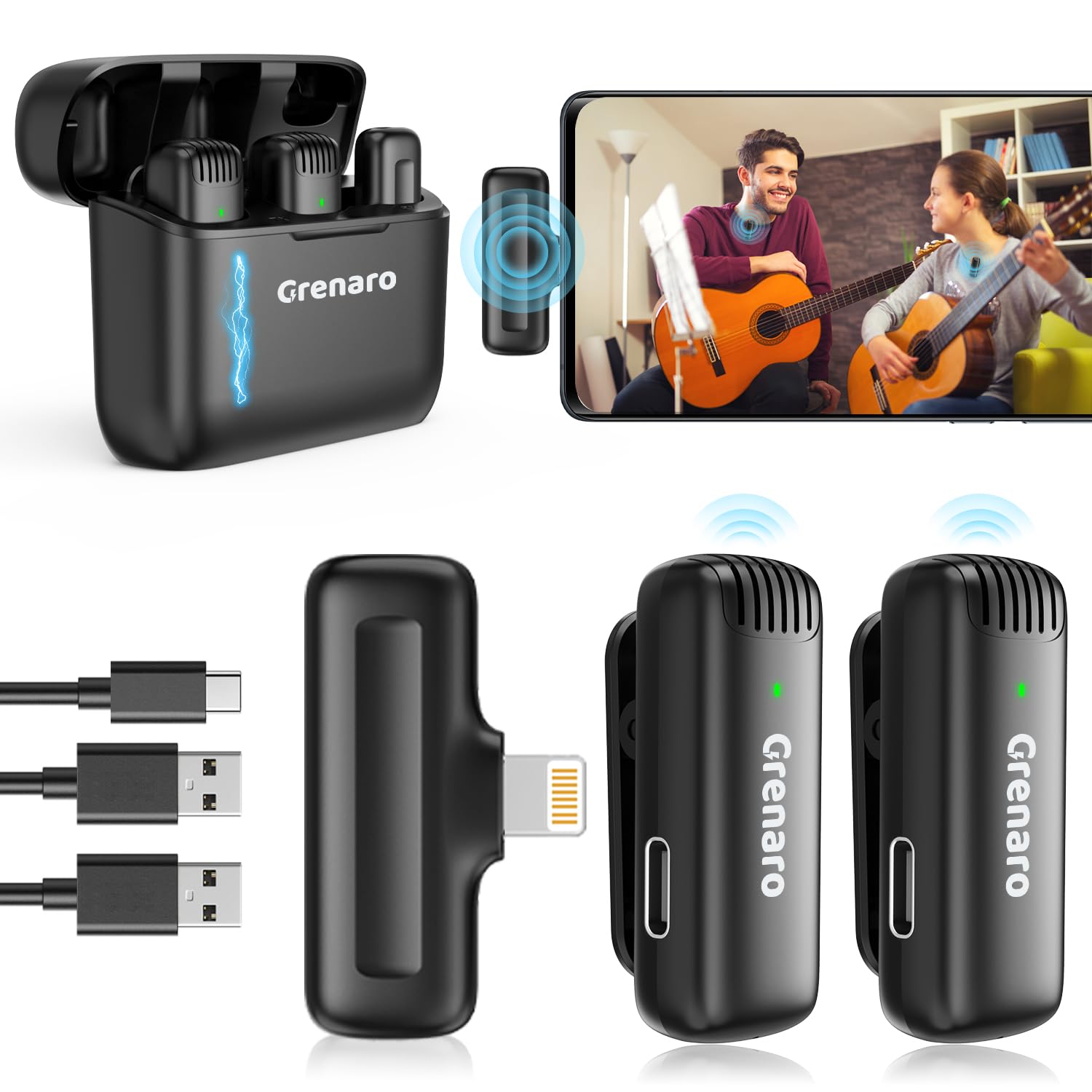 GRENARO Wireless Microphone for iPhone and Android - Wireless Lavalier Microphone for Video Recording, Lapel Mic for Vlogging, Mini Microphone Wireless Noise Cancellation Microphone for Live Stream